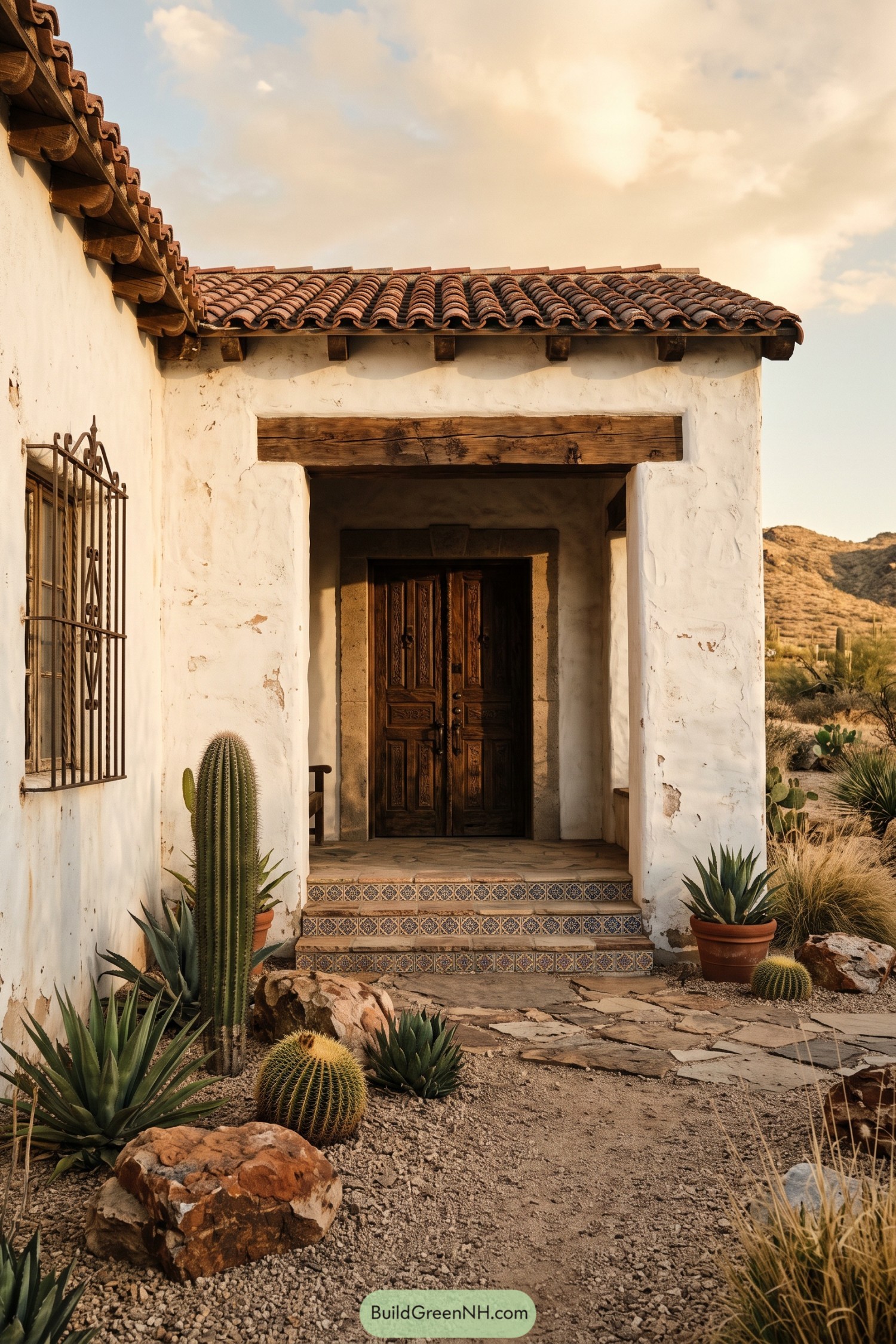 White stucco entrance with tiled steps and carved wood doors