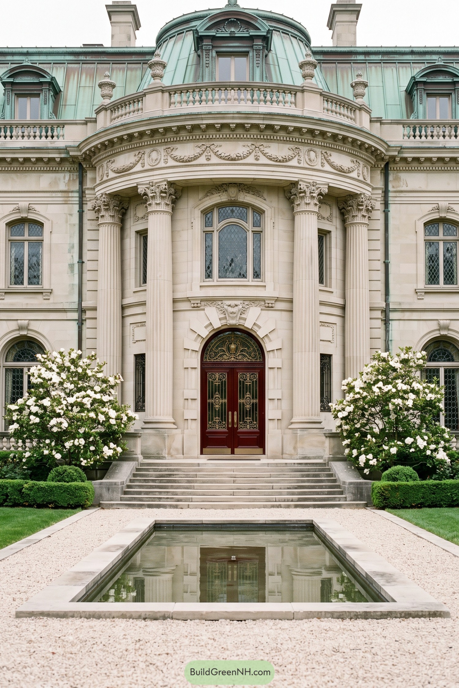 Grand limestone entry with Corinthian columns and burgundy doors beneath a copper dome