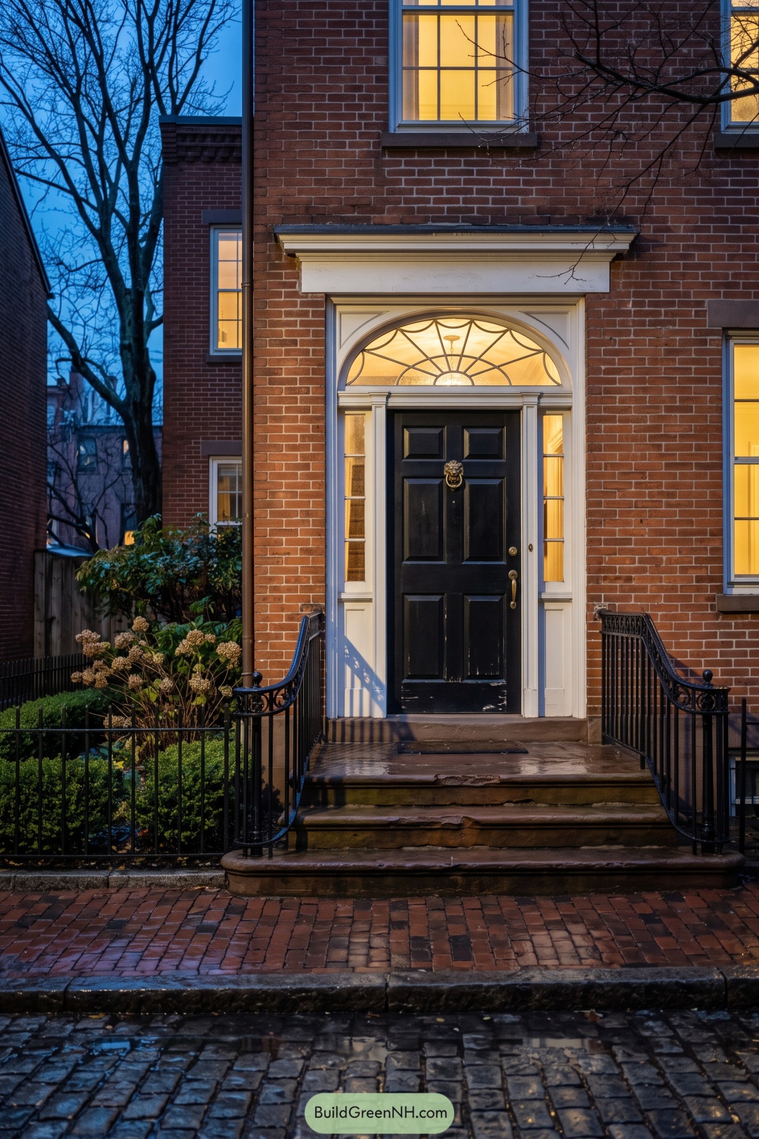 Black paneled door with fanlight and brick stoop