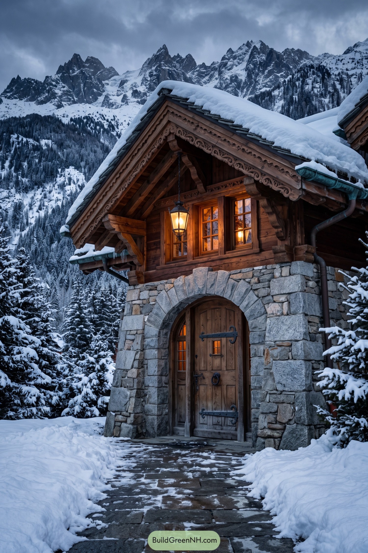 Snowy timber chalet entrance with a stone arch and lantern