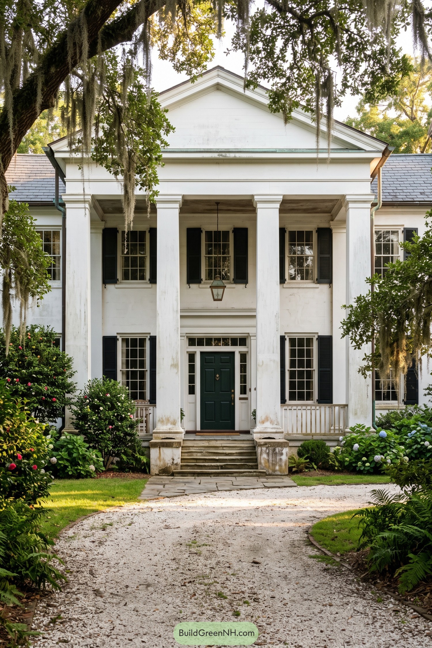 White columned porch with dark green door and shutters
