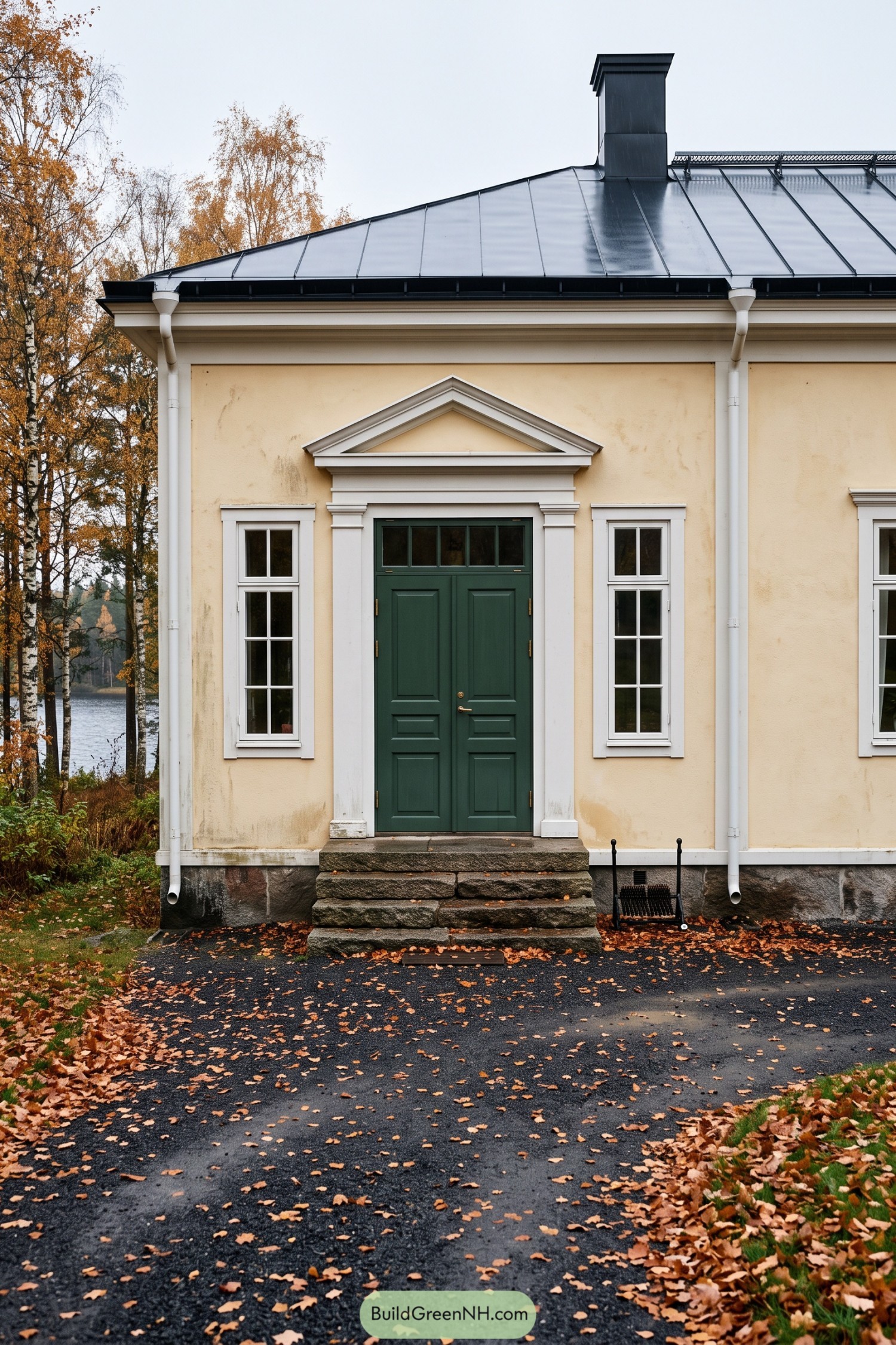 Deep green double doors beneath a white pediment on a cream facade