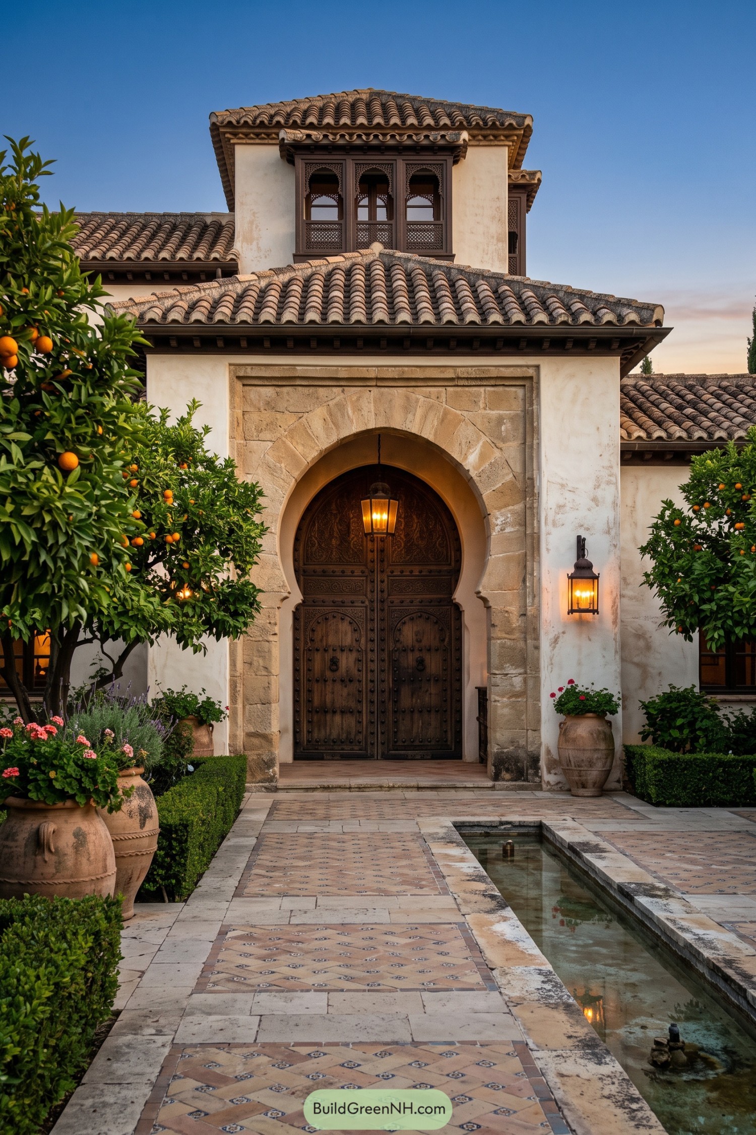 Arched studded doors beneath tiled roofs and citrus trees