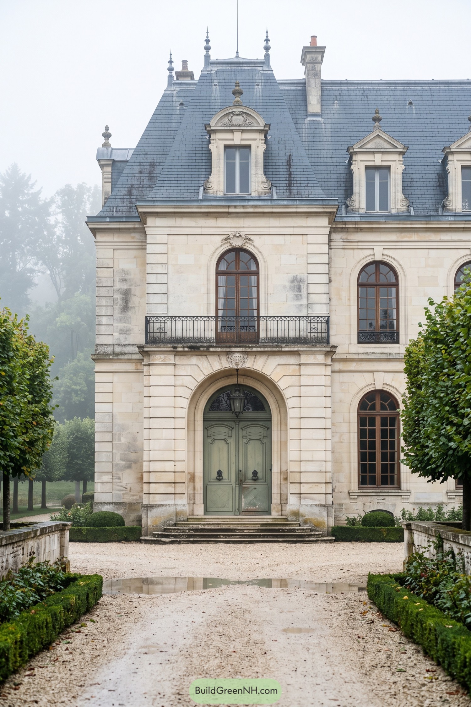 Grand arched entry with sage double doors and iron balcony
