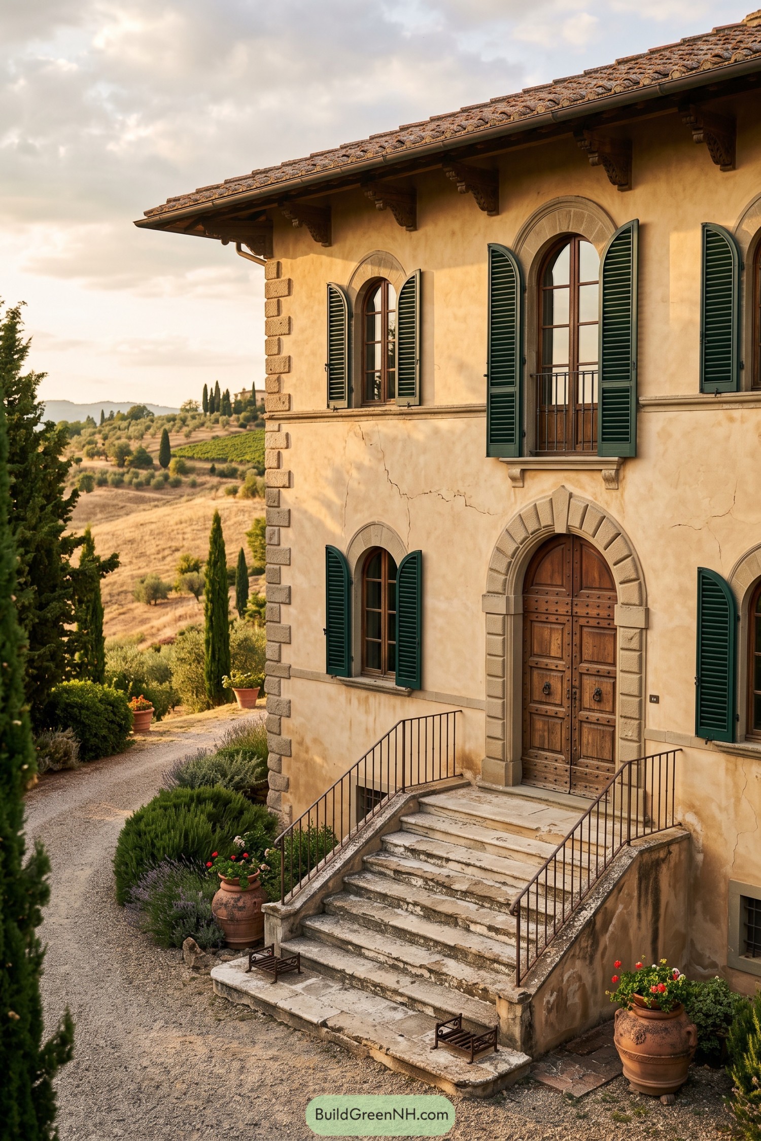 Arched wooden doorway with stone steps and green shutters