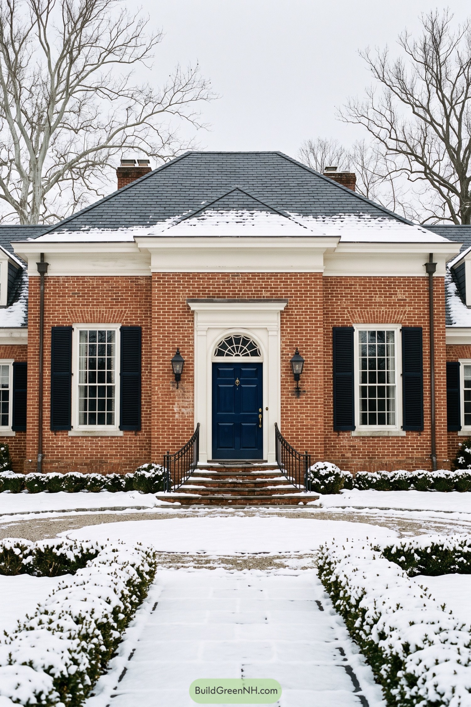 Red brick Federal entry with navy door and fanlight