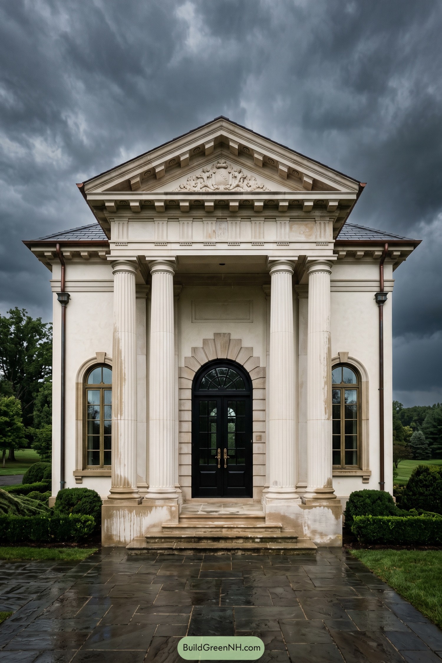 Grand limestone entry with fluted columns and crest pediment