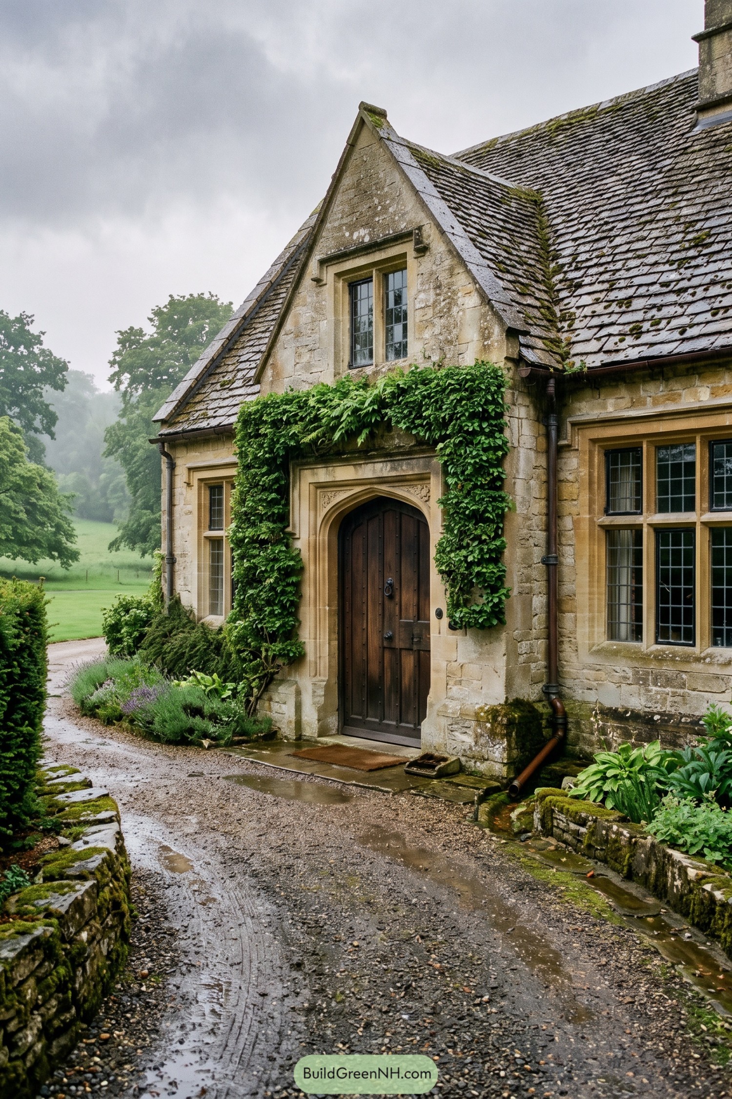 Arched timber door in an ivy-clad stone cottage