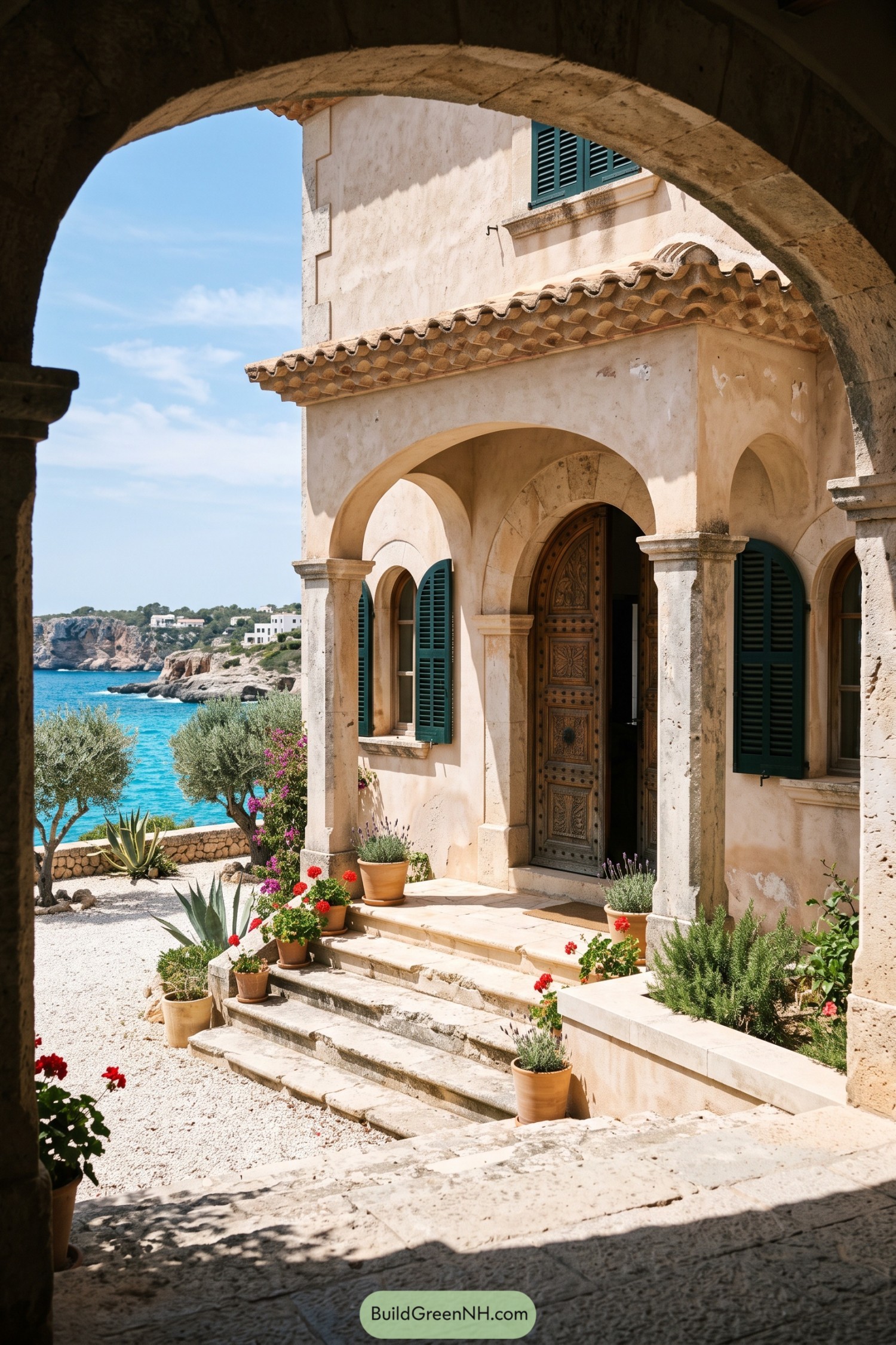 Arched limestone entry with green shutters and carved wood door