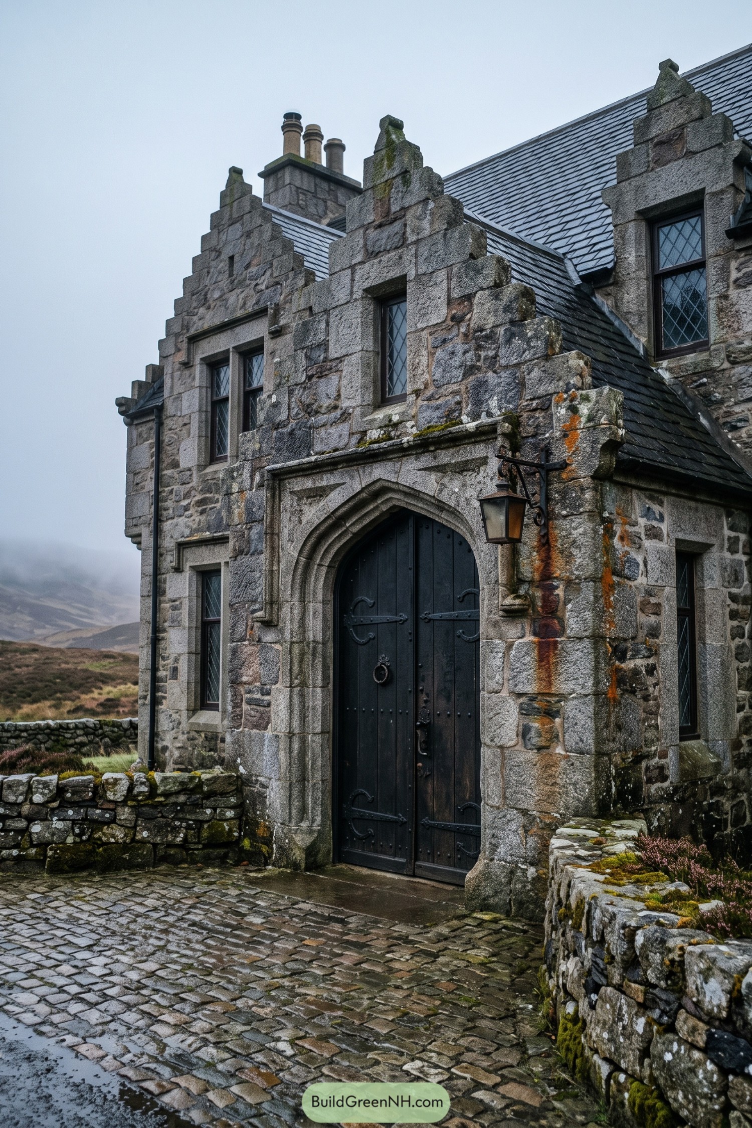 Granite manor entrance with pointed arch and black timber doors
