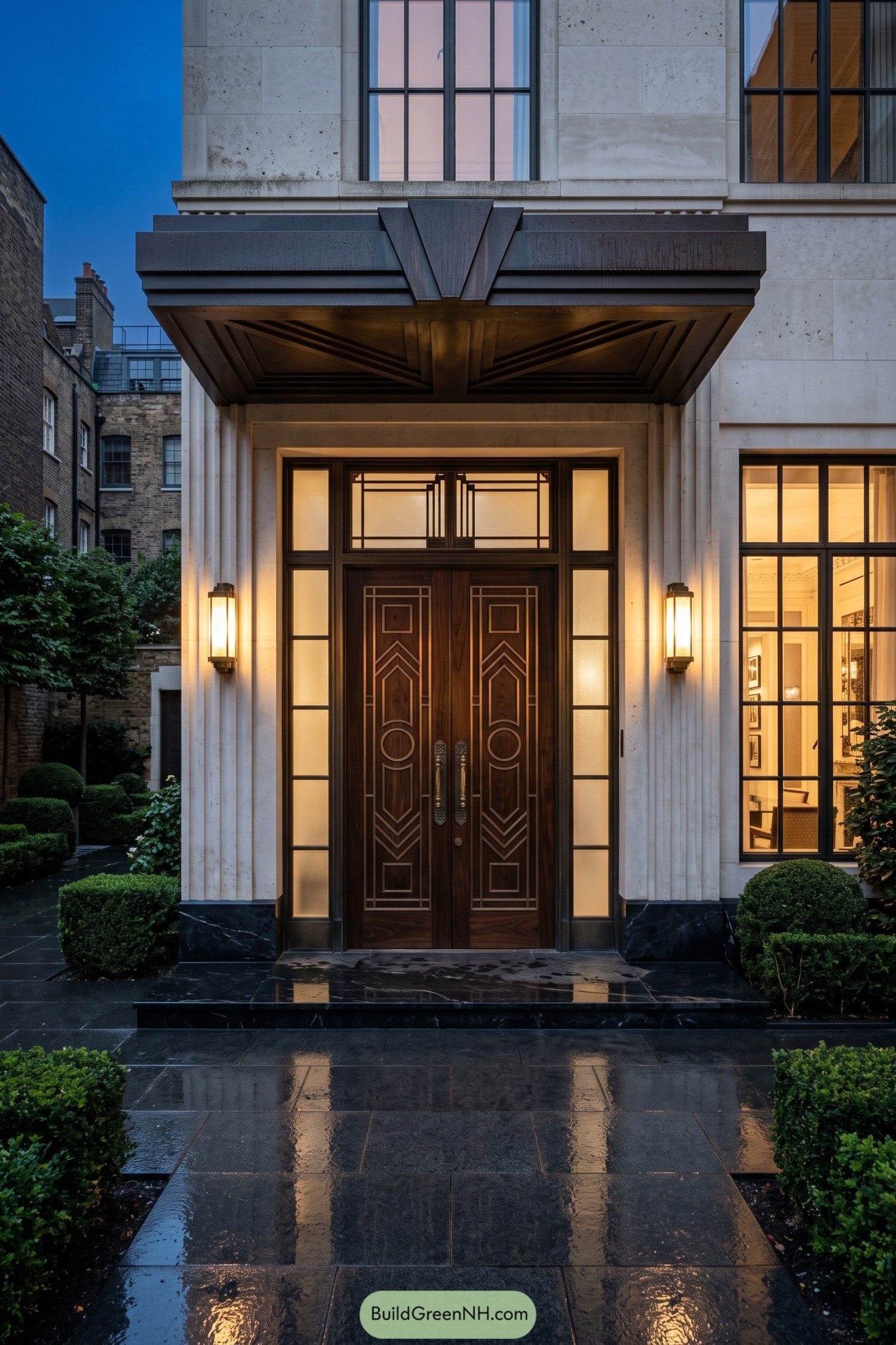 Dark wood double doors beneath a geometric metal canopy