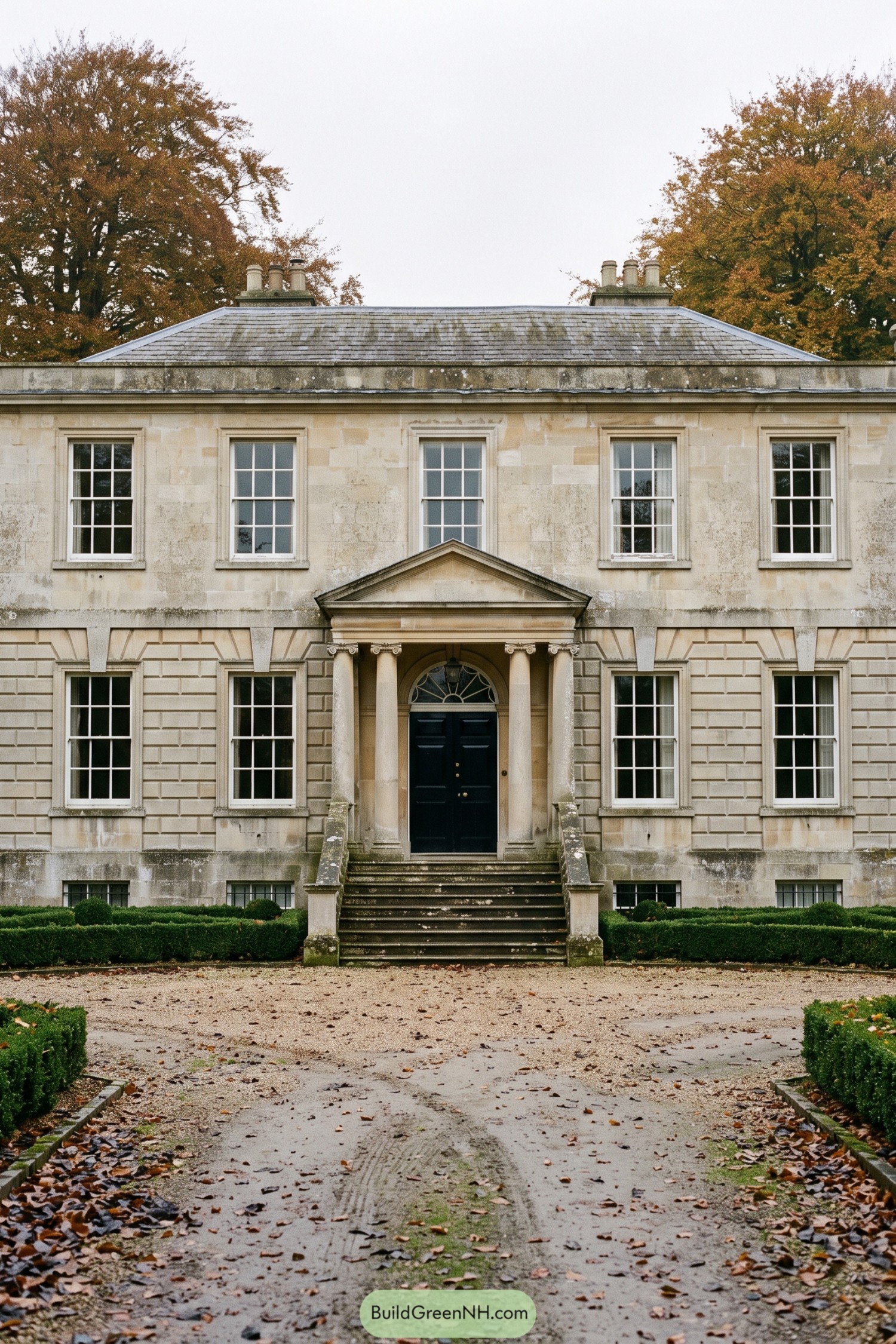 Classical stone manor entrance with columned portico and black door
