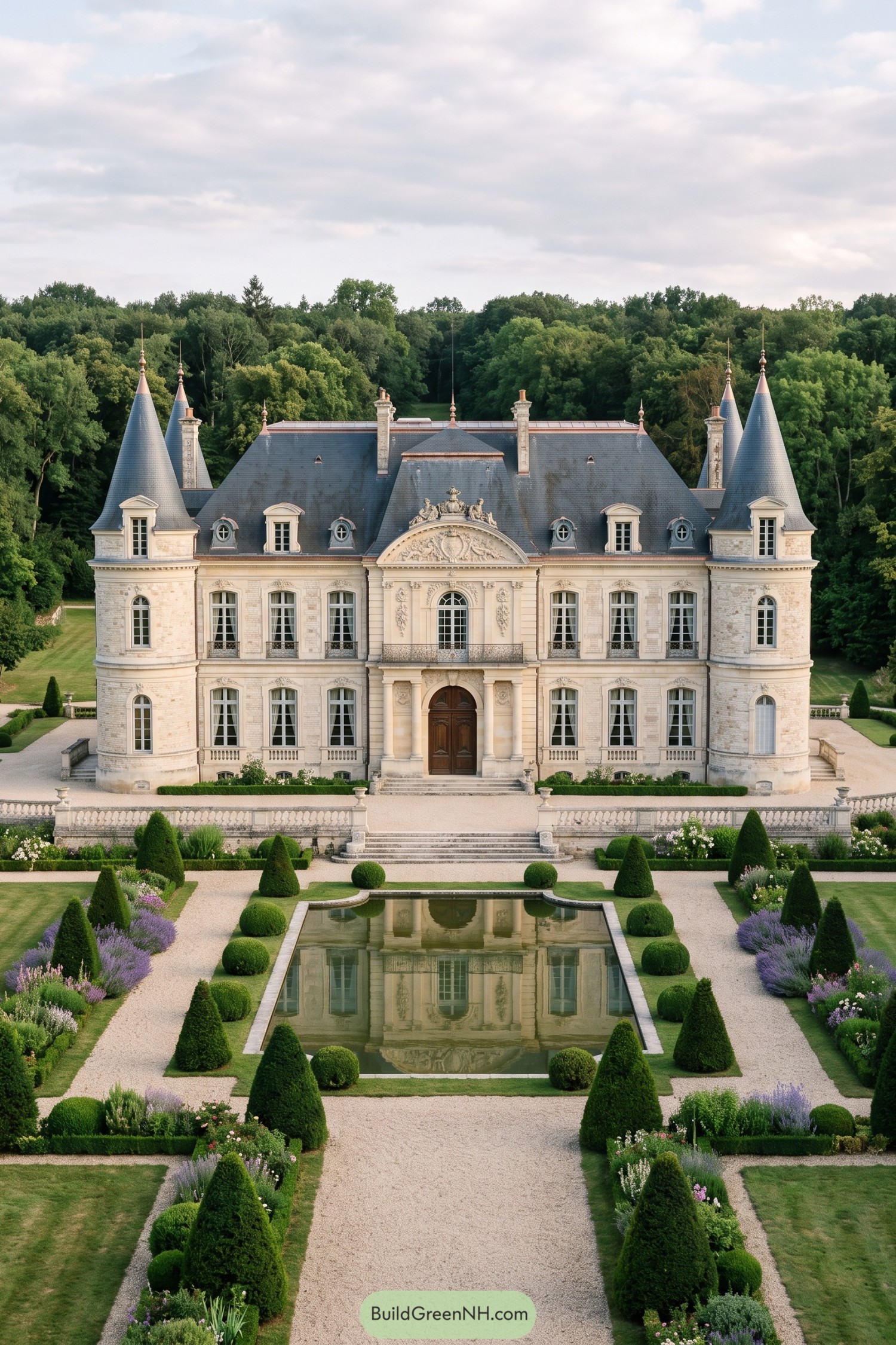 Formal château garden with clipped topiary framing a long reflecting pool