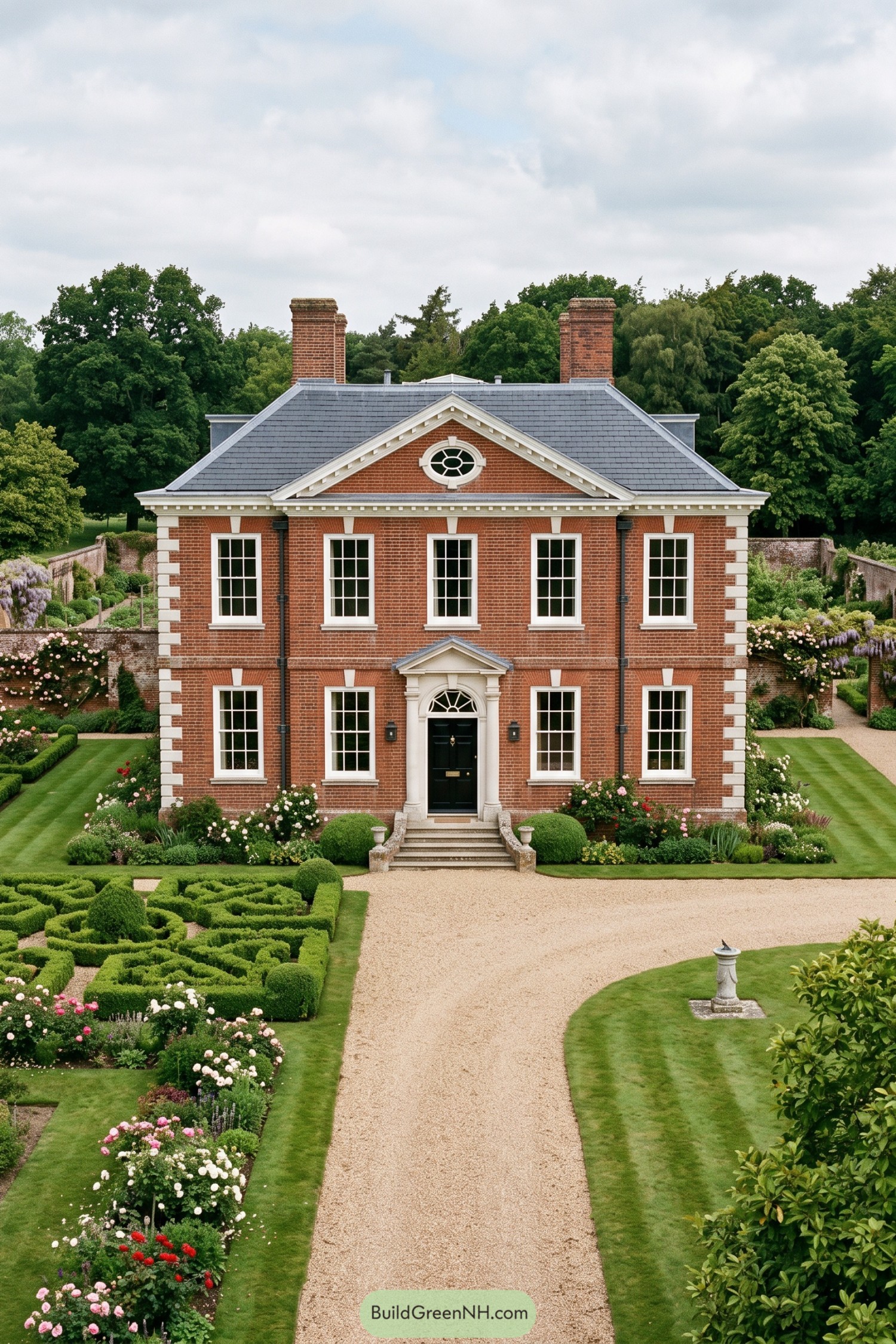 Gravel path through boxwood parterres and rose borders