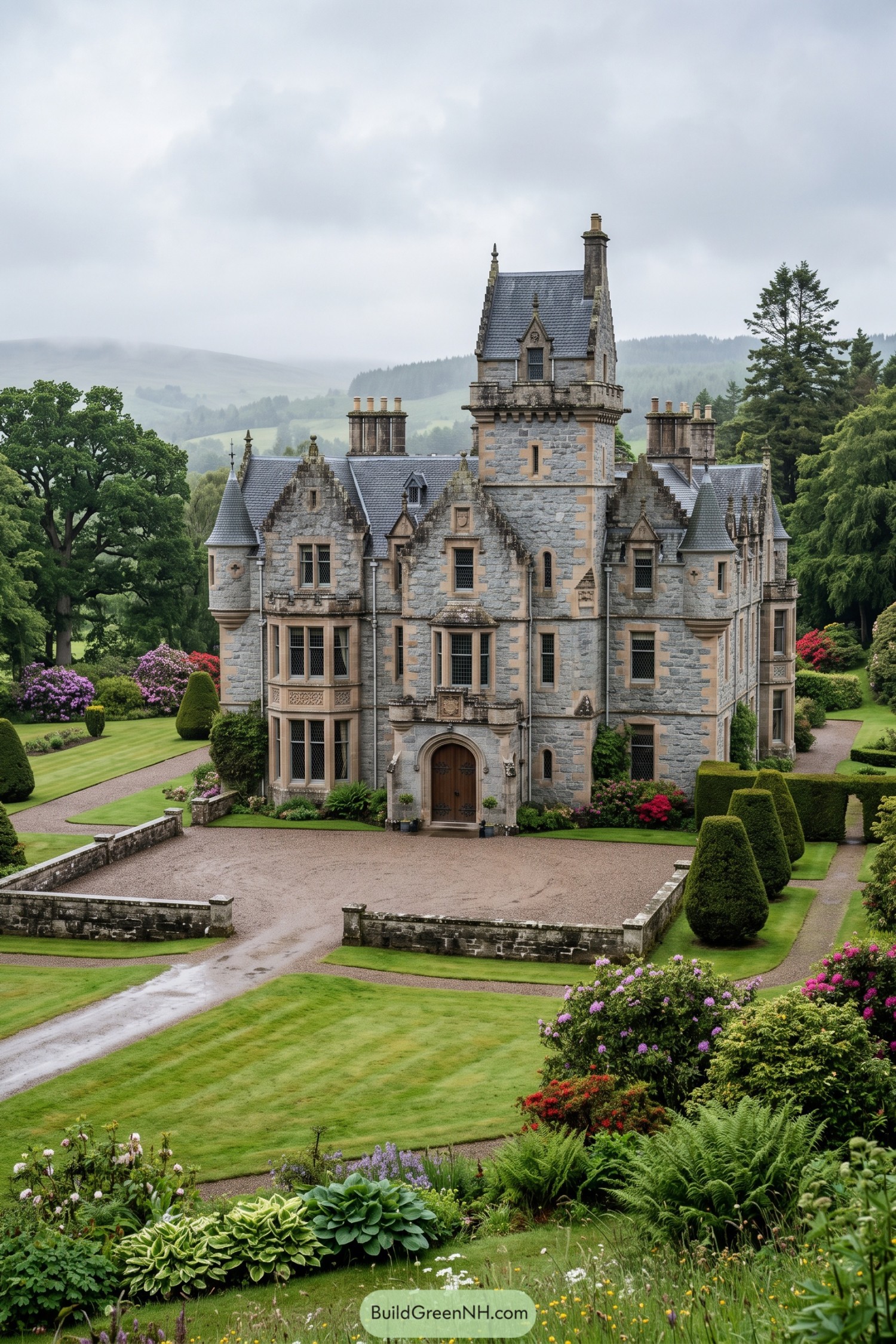 Stone castle framed by clipped yews, gravel court, lawns, and flowering borders