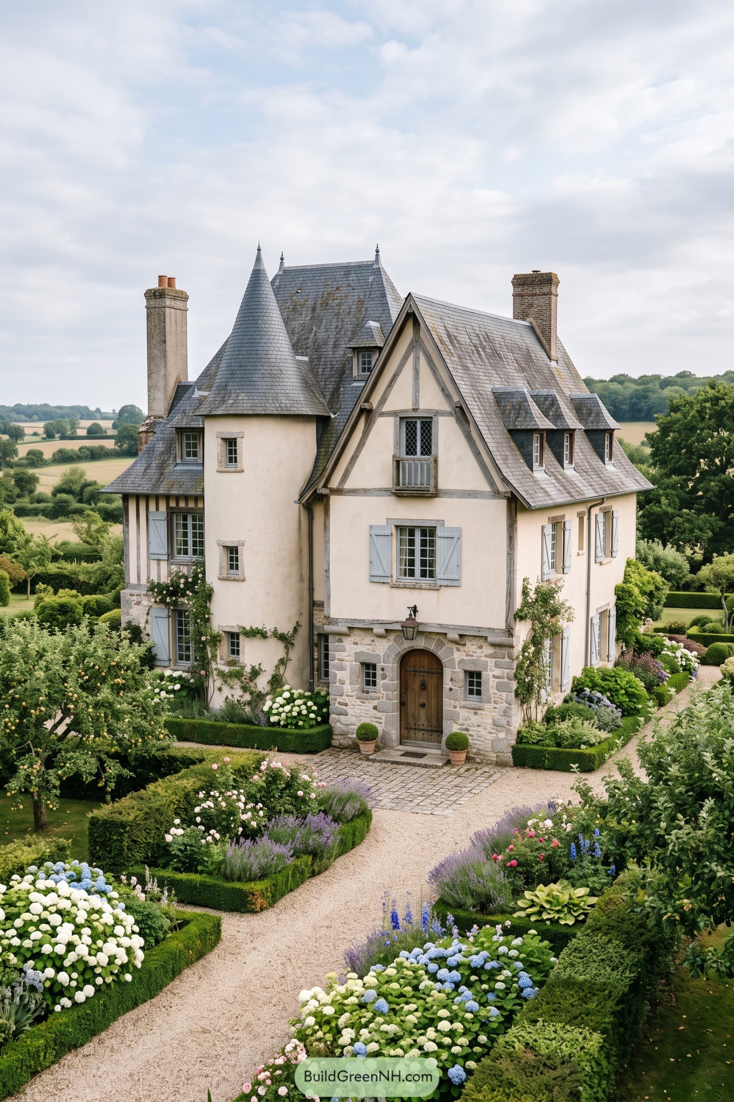 Gravel paths and flowering hedges frame a turreted country home