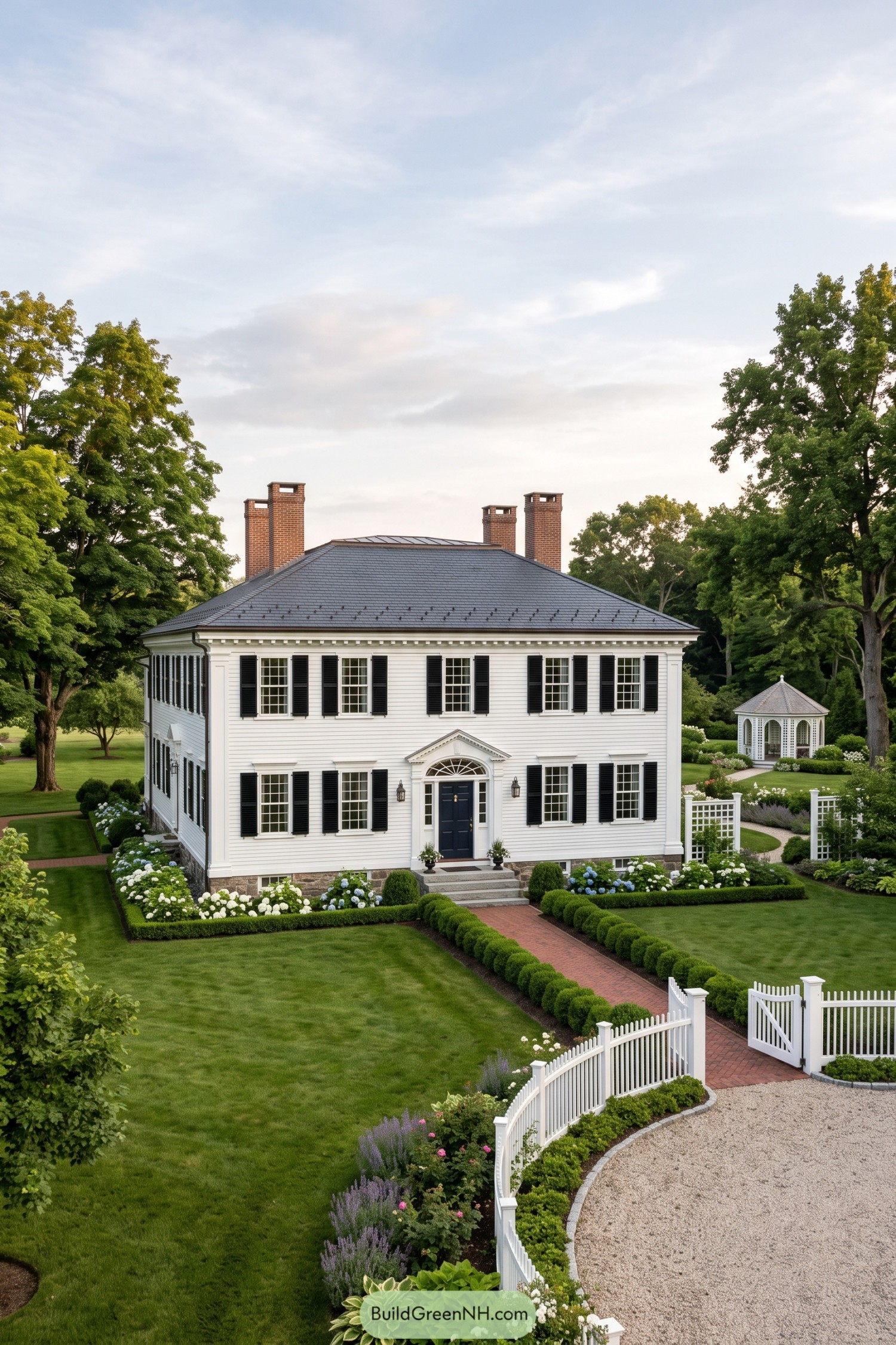 Brick walk through clipped boxwood borders to a white colonial home and garden pavilion