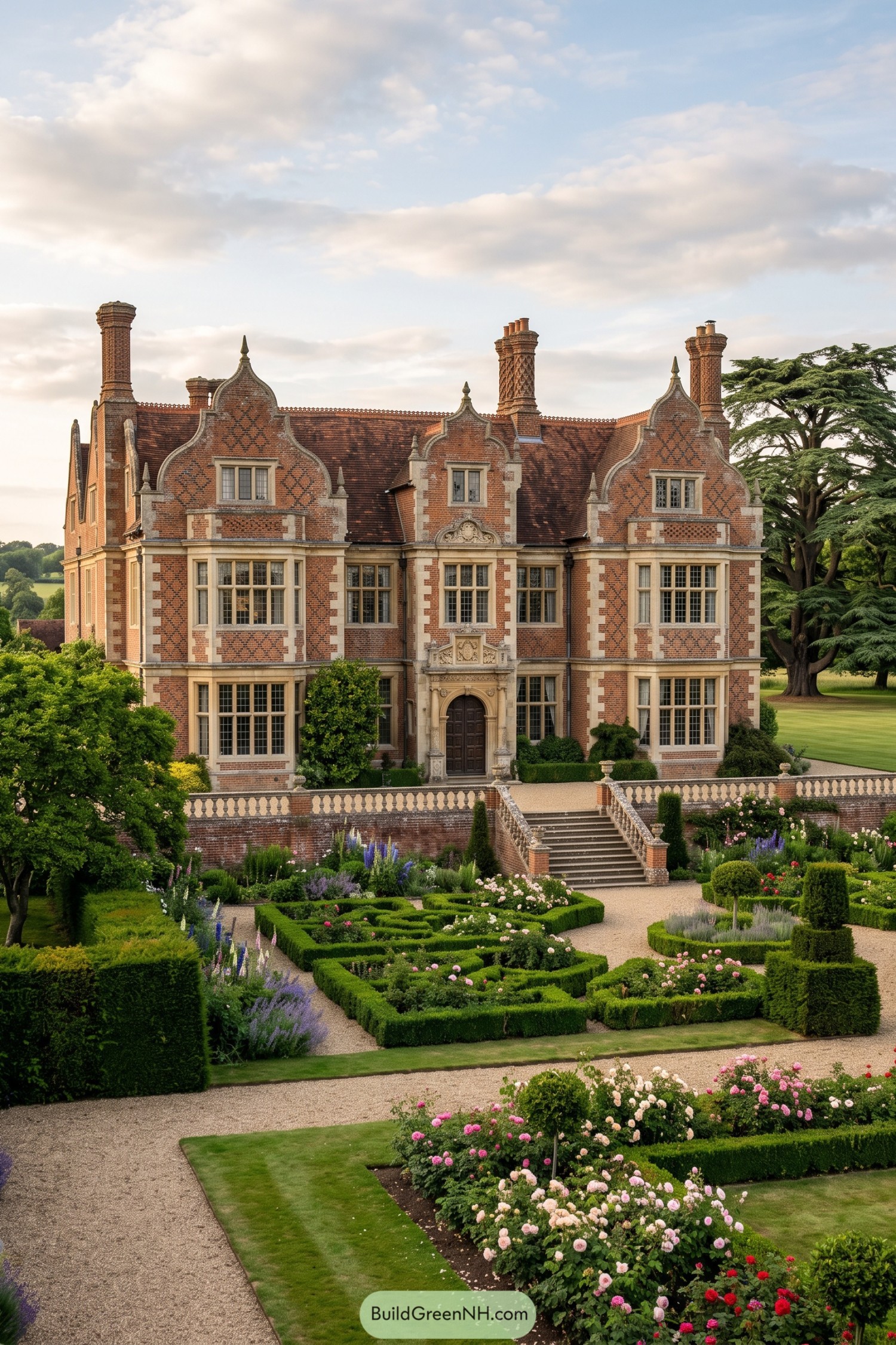 Formal rose parterre below a brick Jacobean manor