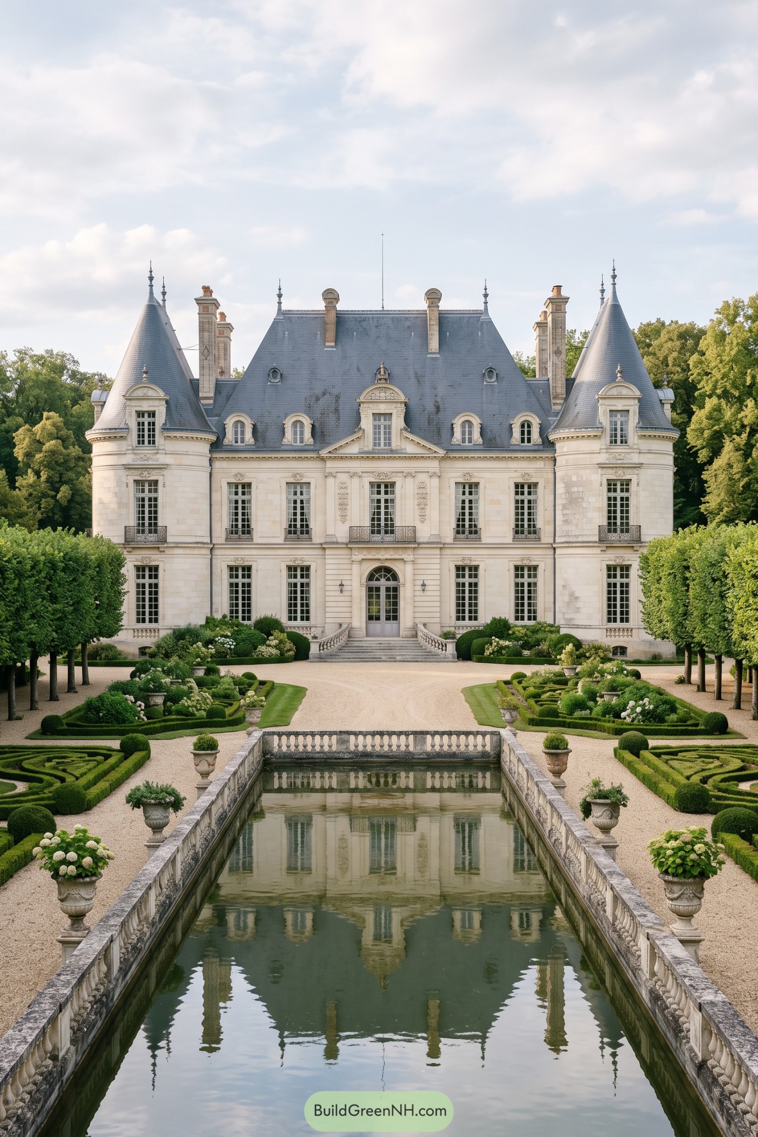 Formal château garden with a long stone basin and clipped hedges