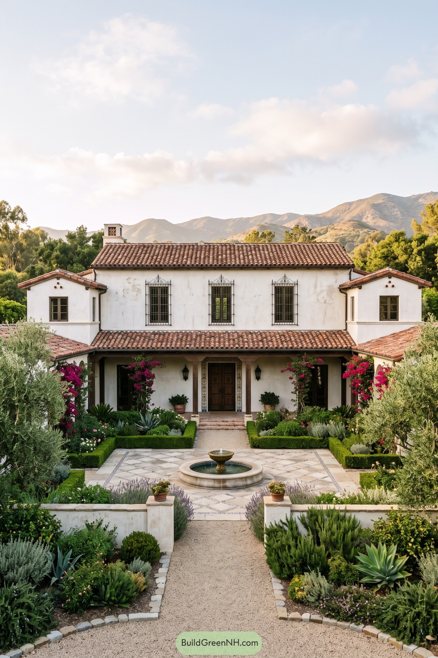 Spanish Revival courtyard garden with tiled fountain and Mediterranean planting