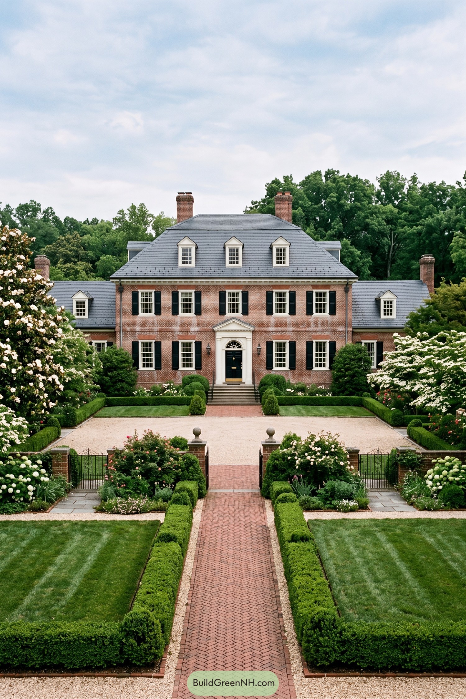 Brick walk and boxwood parterre before a colonial brick home