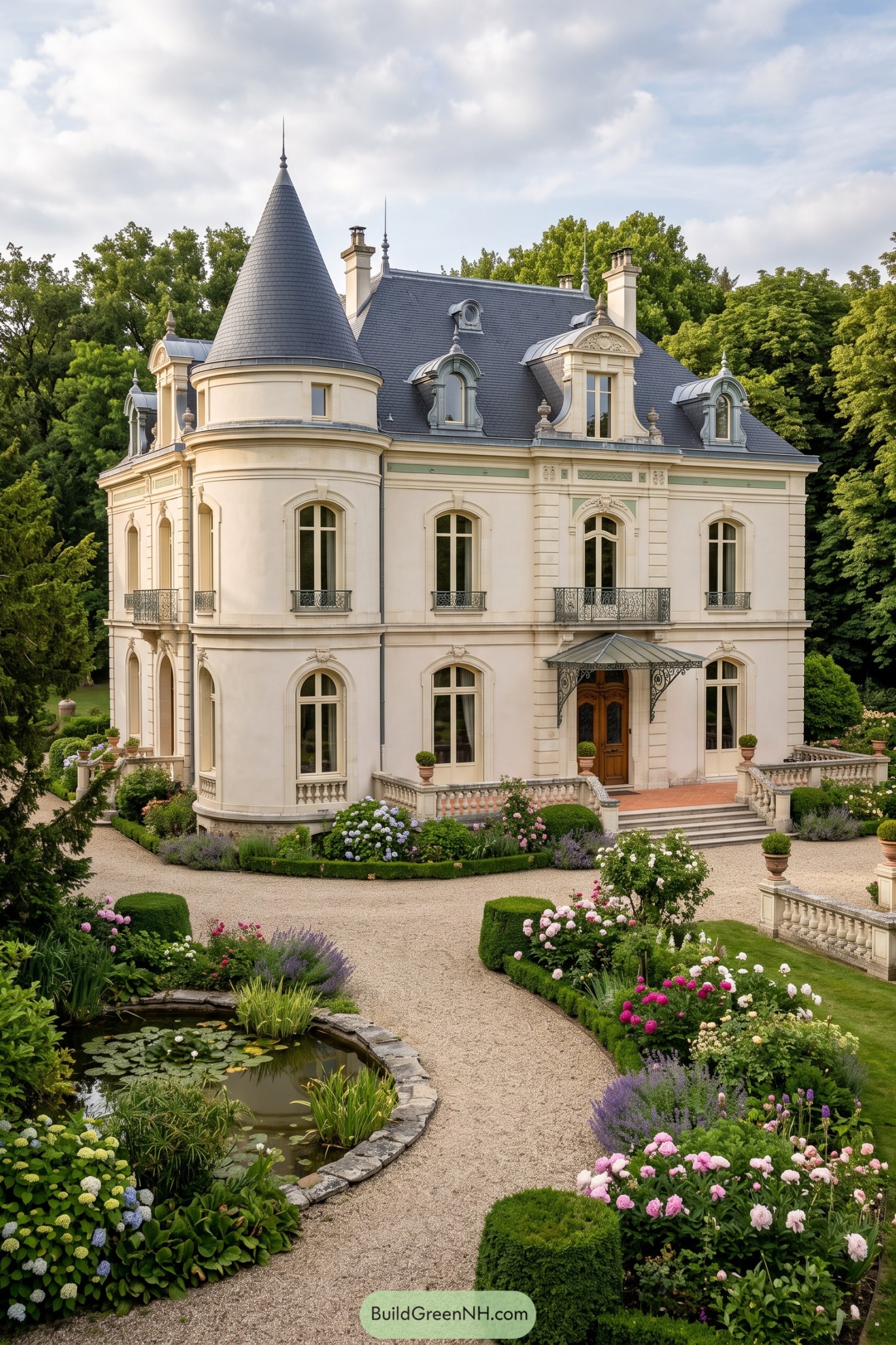 Gravel garden with roses and a lily pond beside a turreted villa