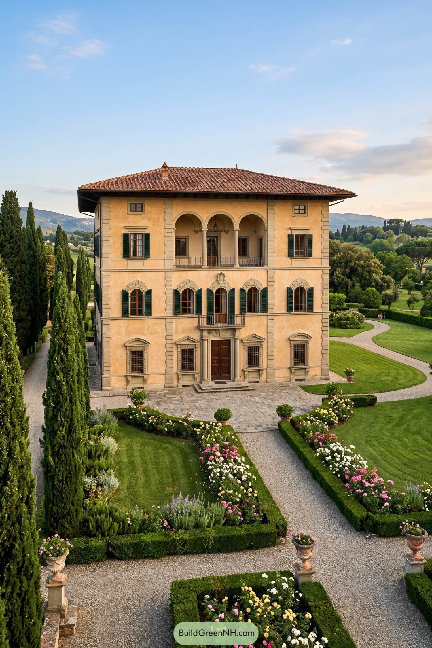 Formal Italian villa garden with cypress allees rose beds and gravel paths