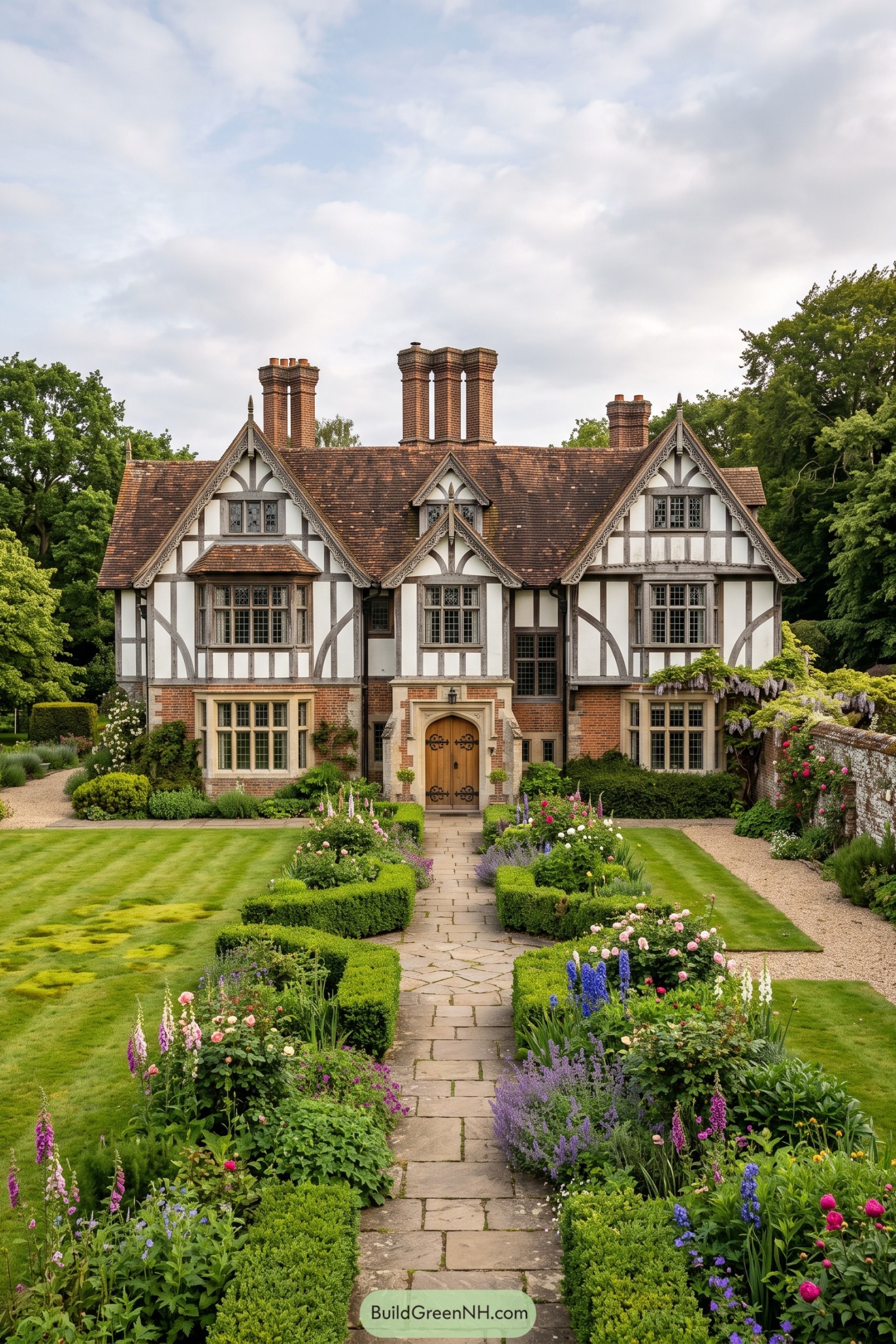 Stone path framed by boxwood and flowering borders at a Tudor home