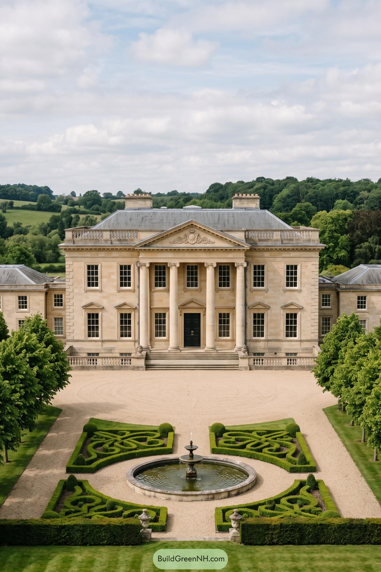 Formal boxwood knot garden with a circular fountain before a neoclassical manor