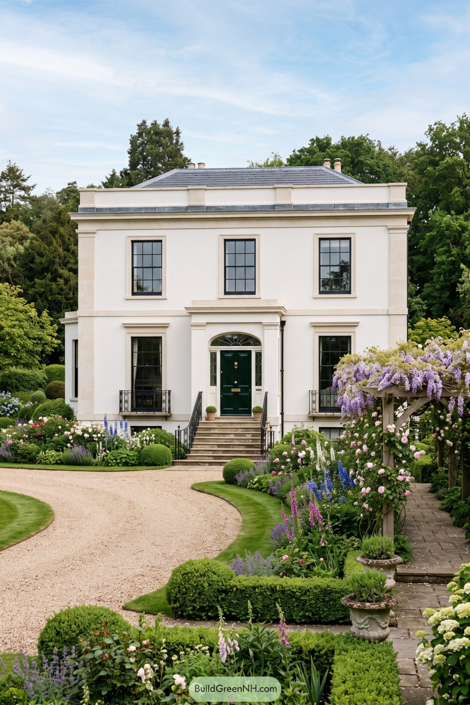 Curving gravel drive beside a wisteria-covered pergola and rose borders