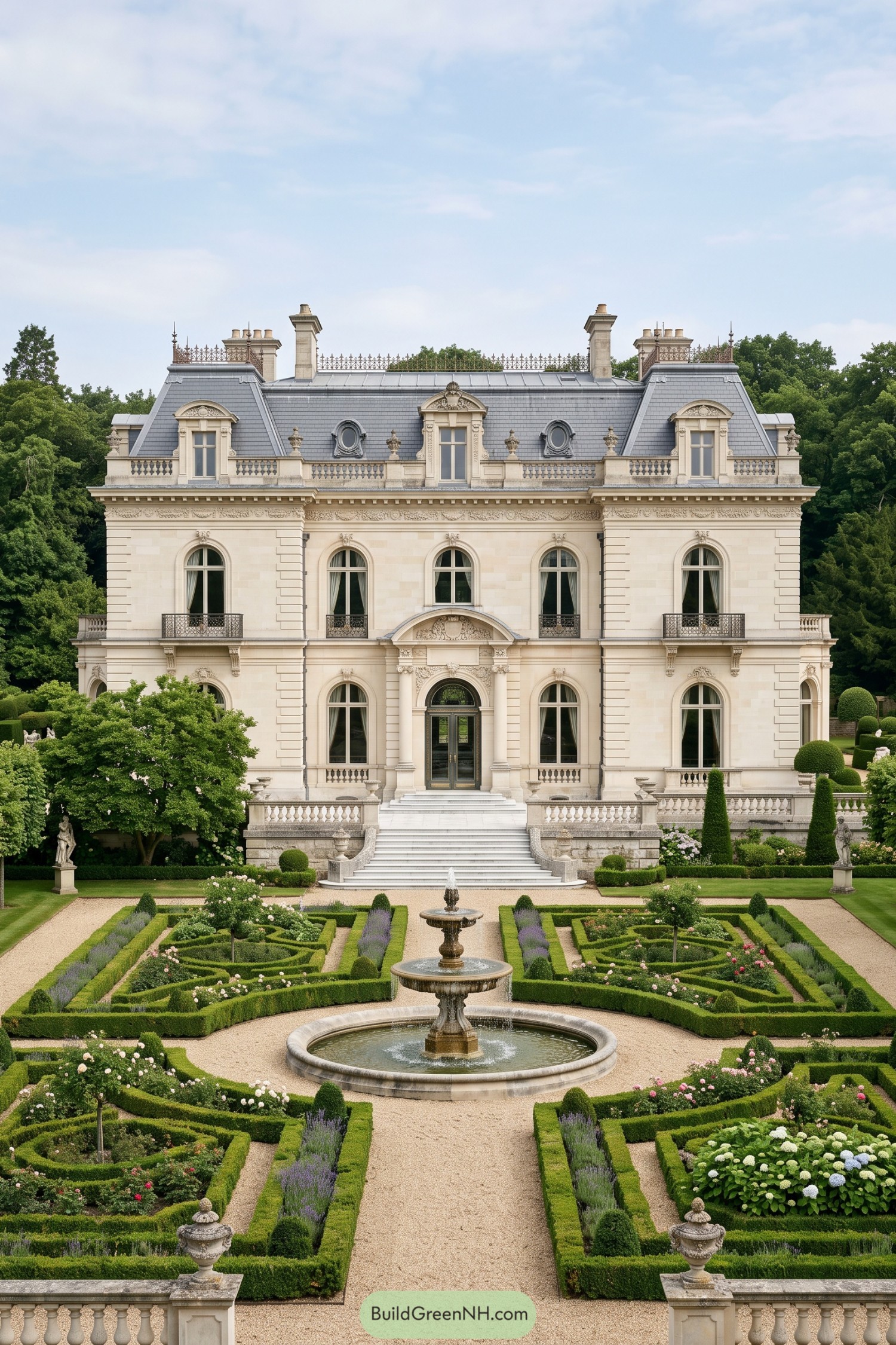 Formal boxwood garden with twin fountains before a grand limestone mansion