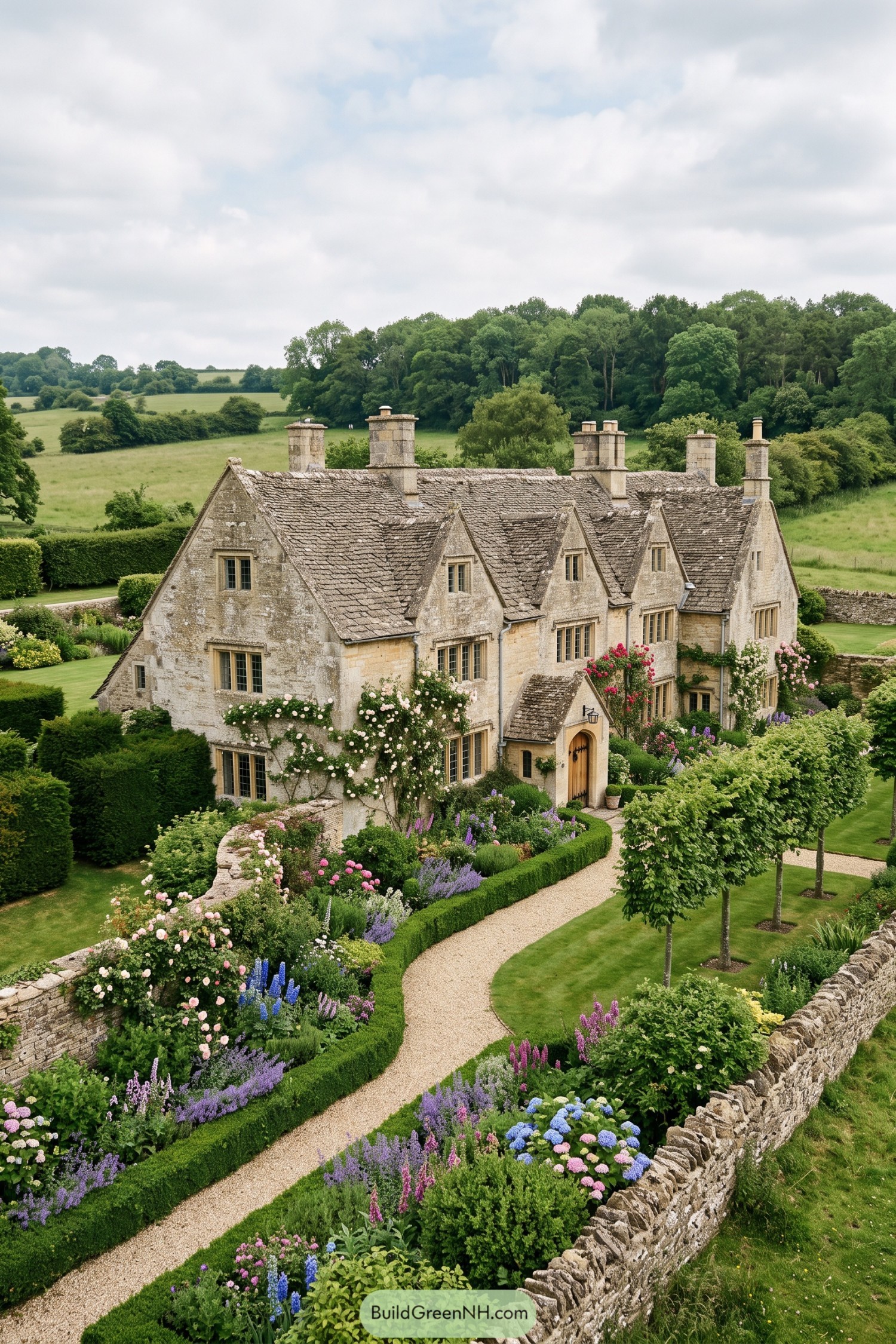 Gravel path through flower borders beside a stone country house