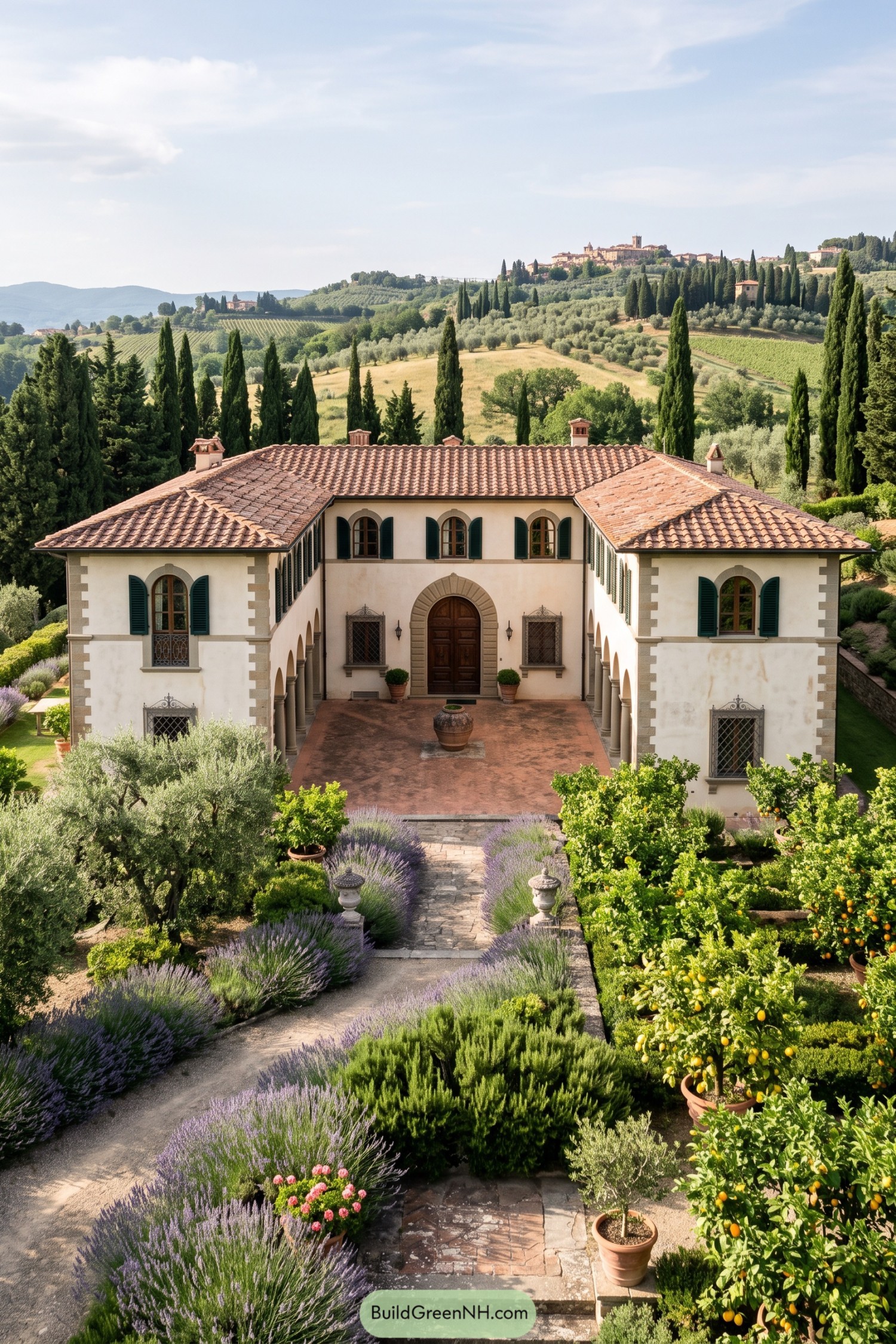 Lavender and citrus garden leading to an Italian villa