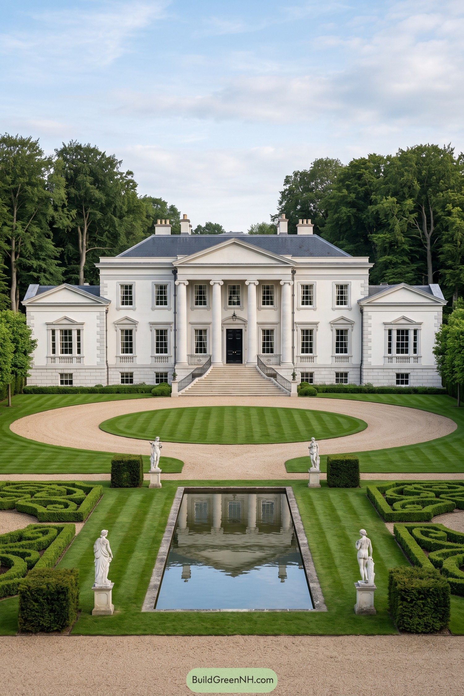 Formal canal garden with clipped hedges statues and circular gravel drive