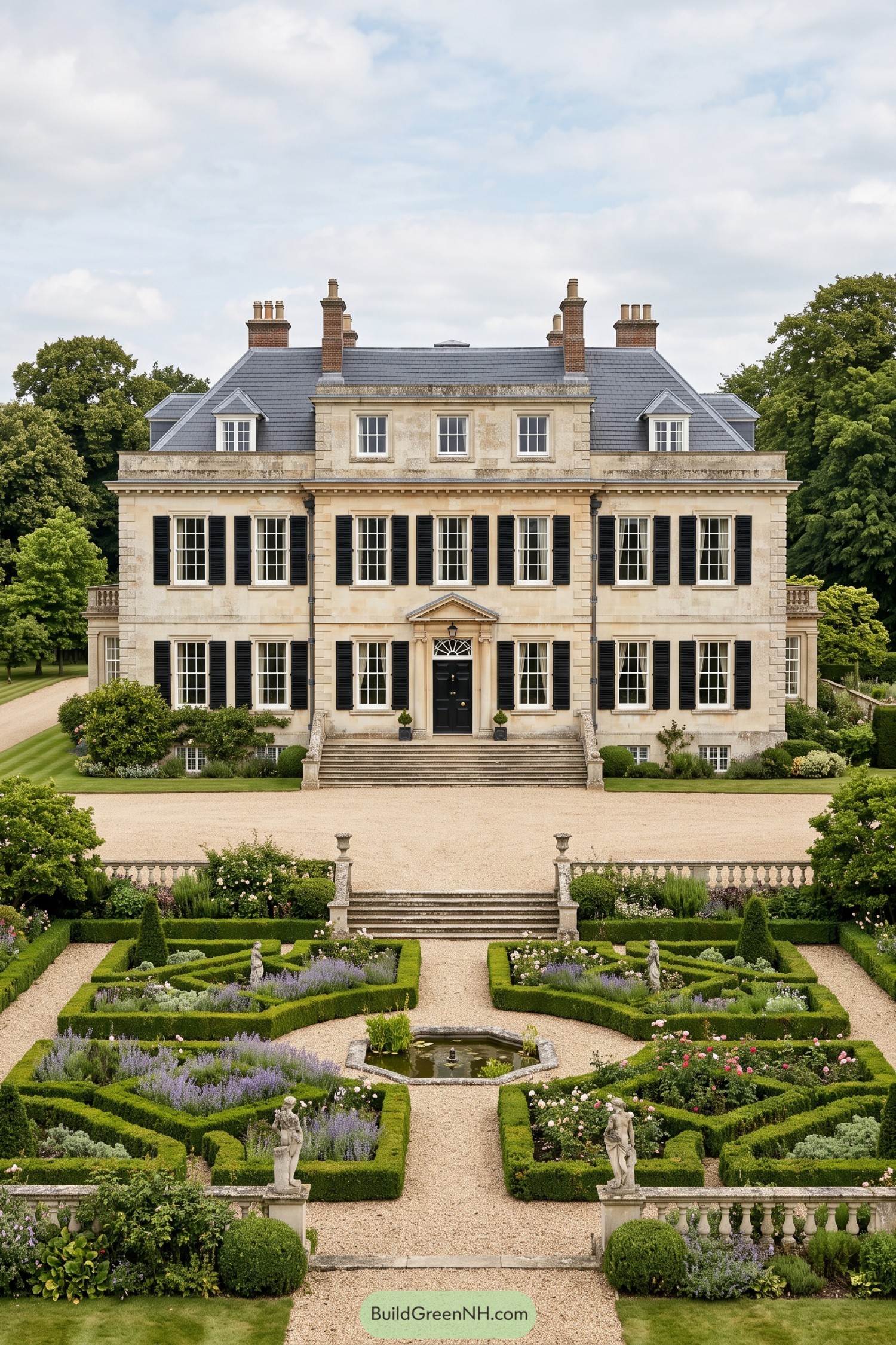 Formal boxwood parterre garden with fountain and statuary before a grand manor