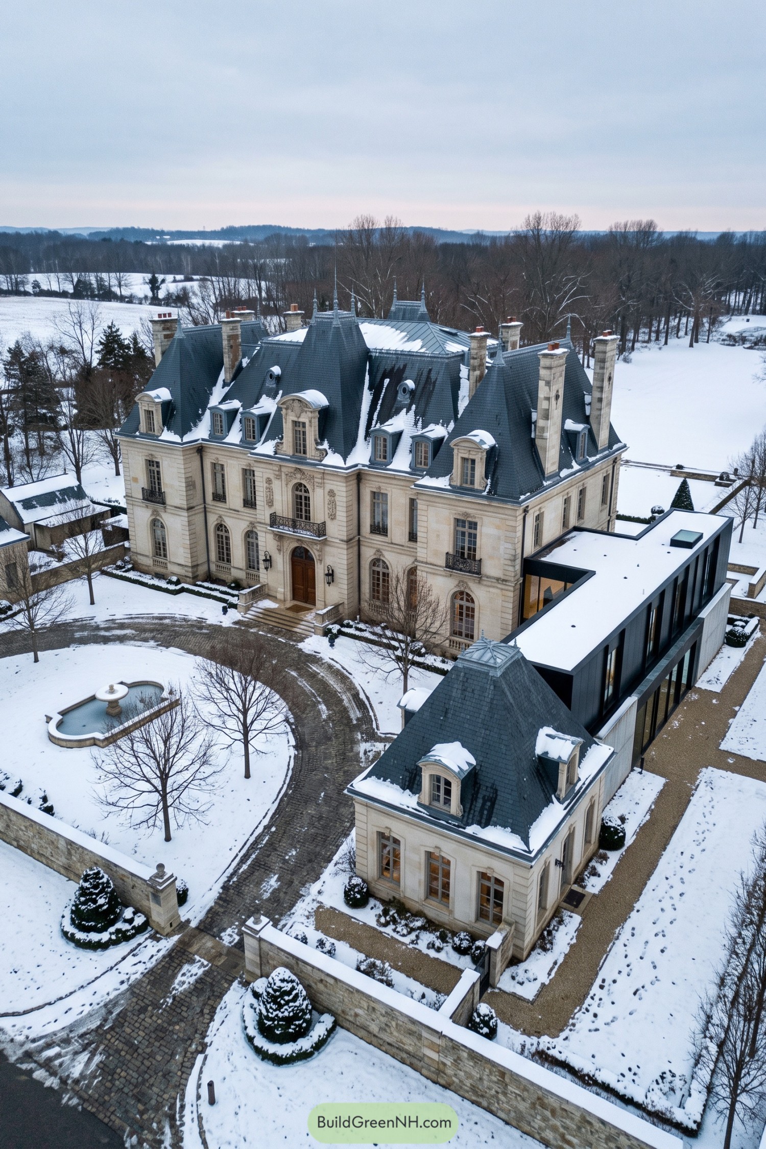 Beaux-Arts stone mansion with a dark modern wing in snow