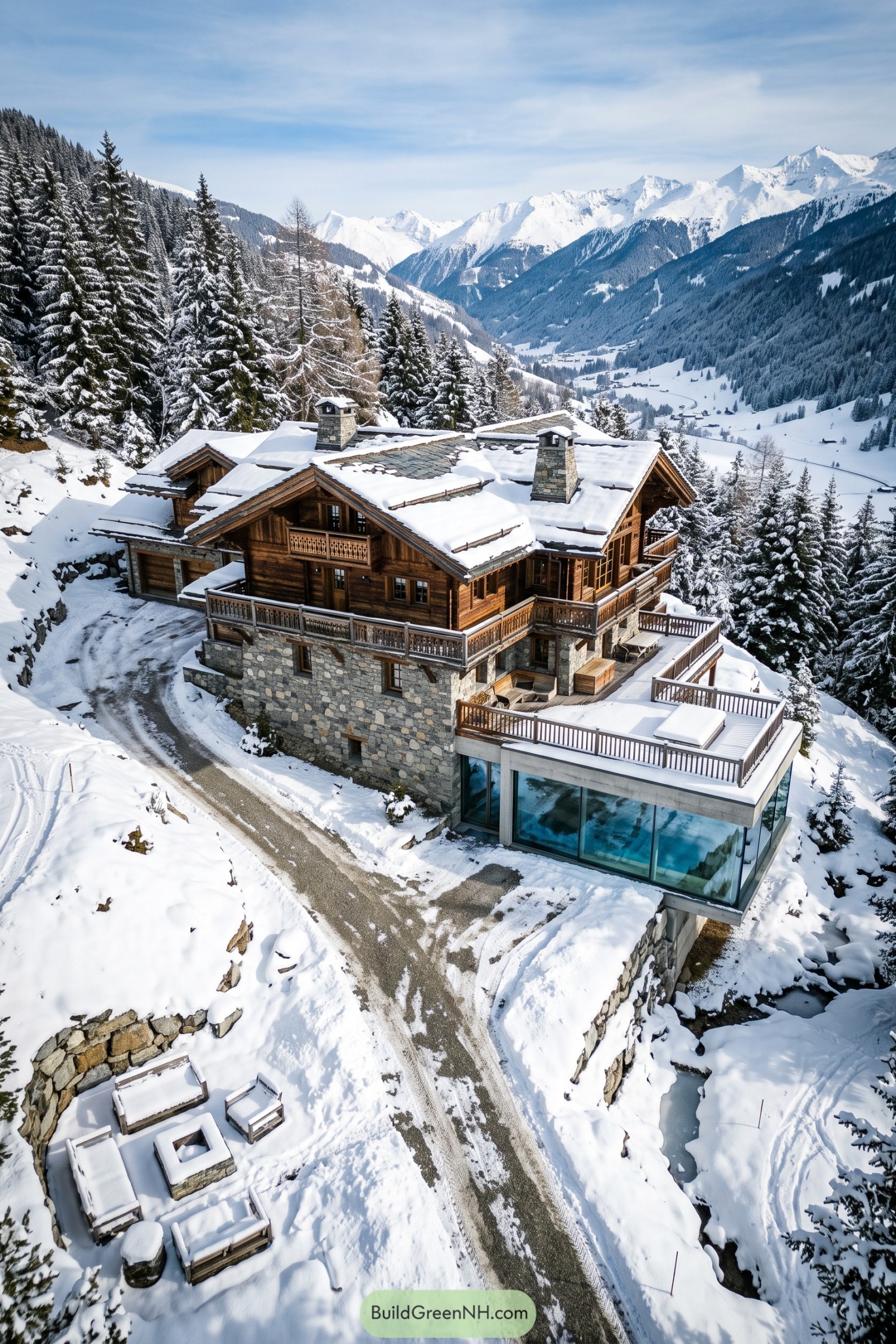 Snowy timber chalet with a glass-enclosed pool in the Alps