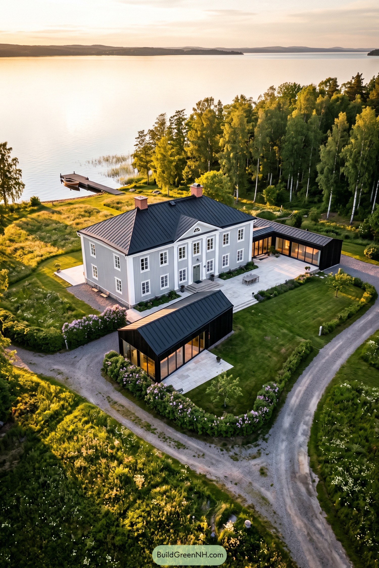 Gray timber villa beside a lake with black glass additions