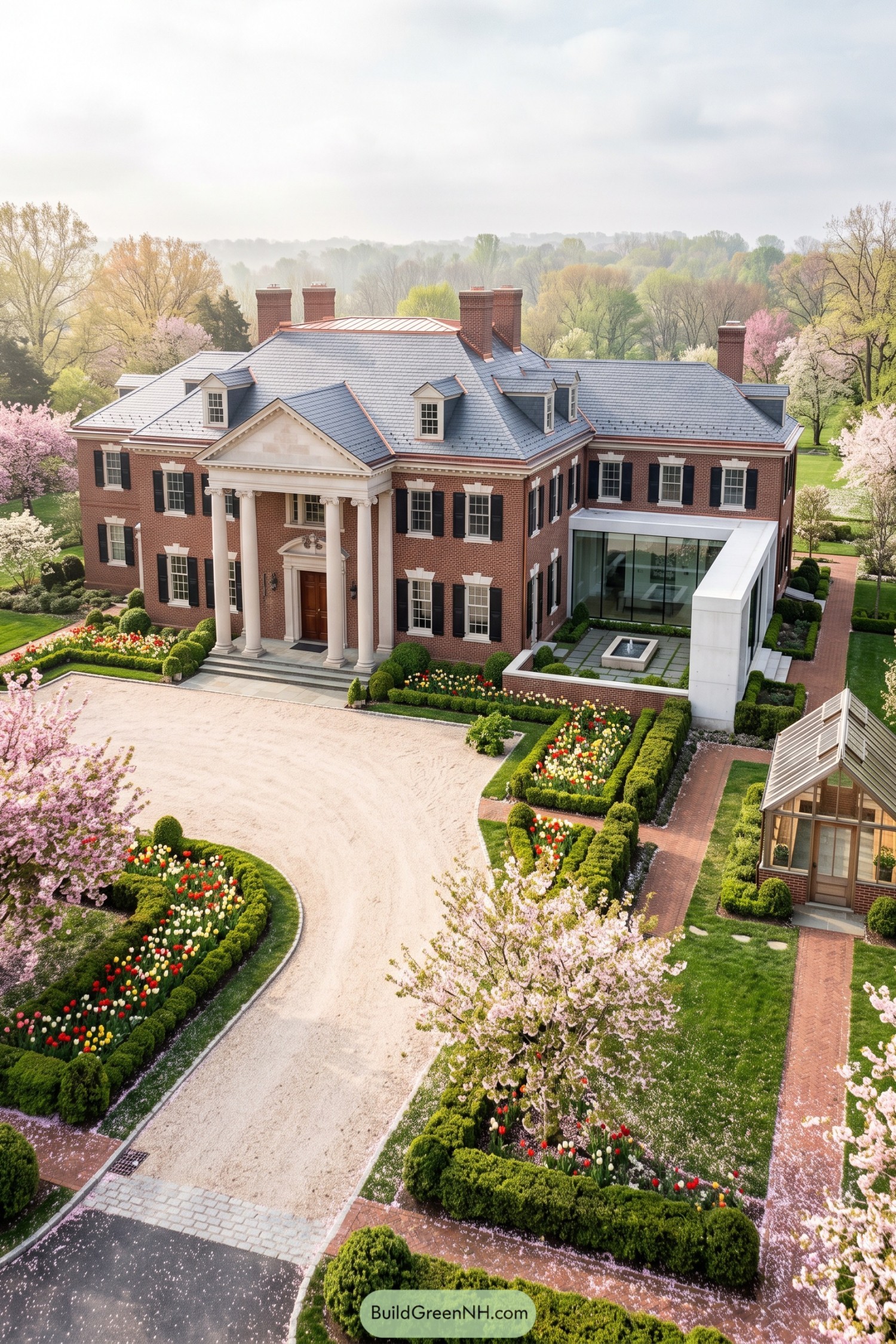 Redbrick Palladian estate with a glazed garden room and formal tulip beds