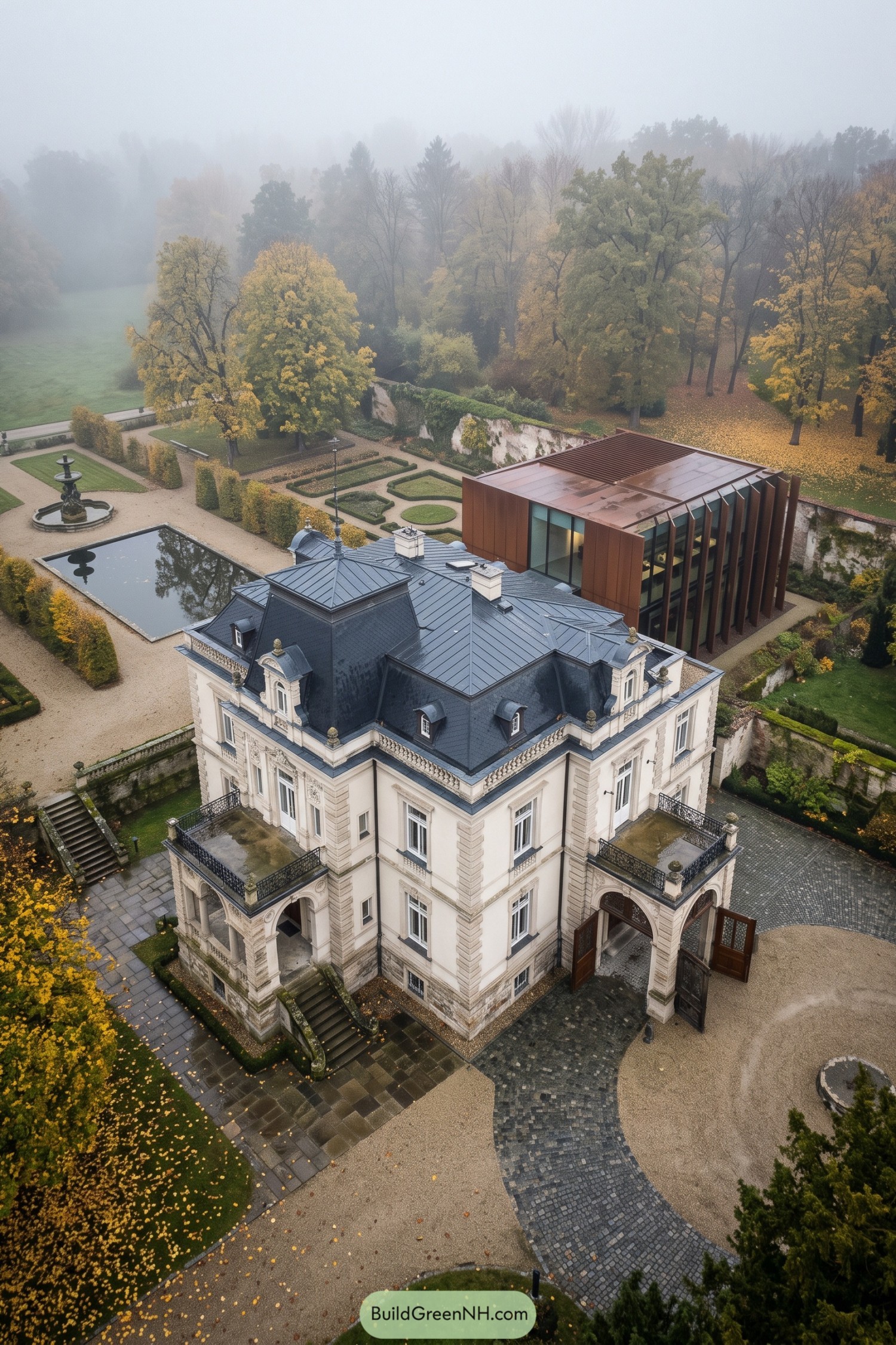 Historic villa with a copper clad glass conservatory beside formal gardens