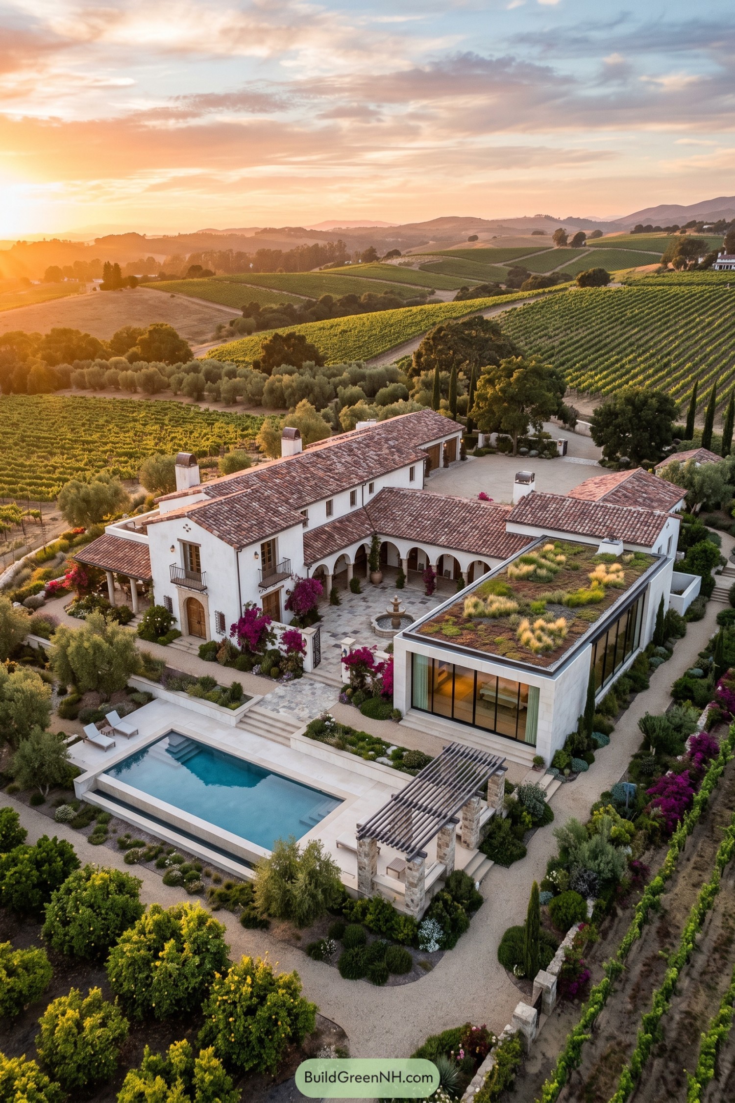 Spanish-inspired vineyard hacienda with a modern green-roofed glass wing and pool