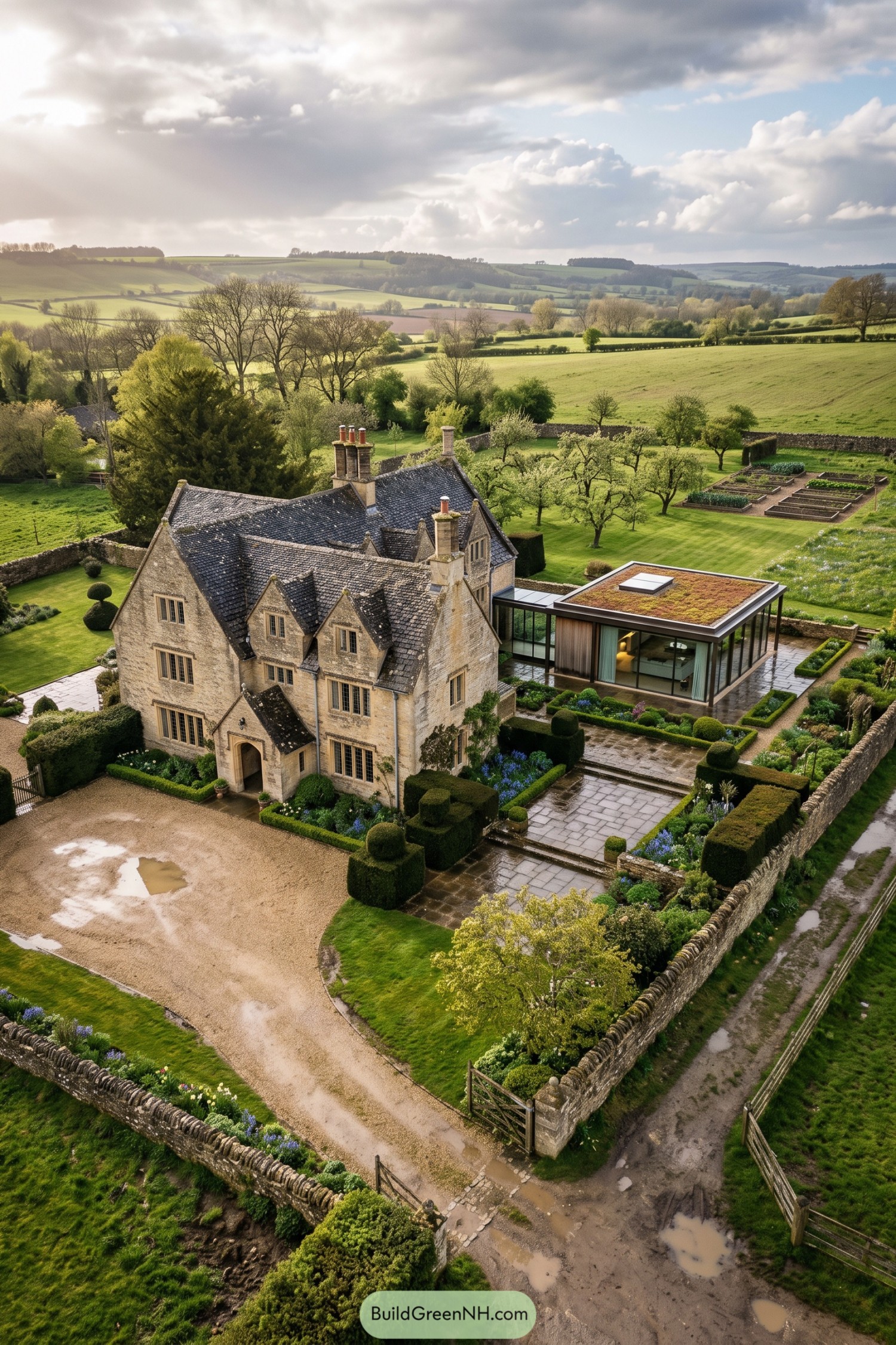 Stone country house joined to a glazed green roof pavilion