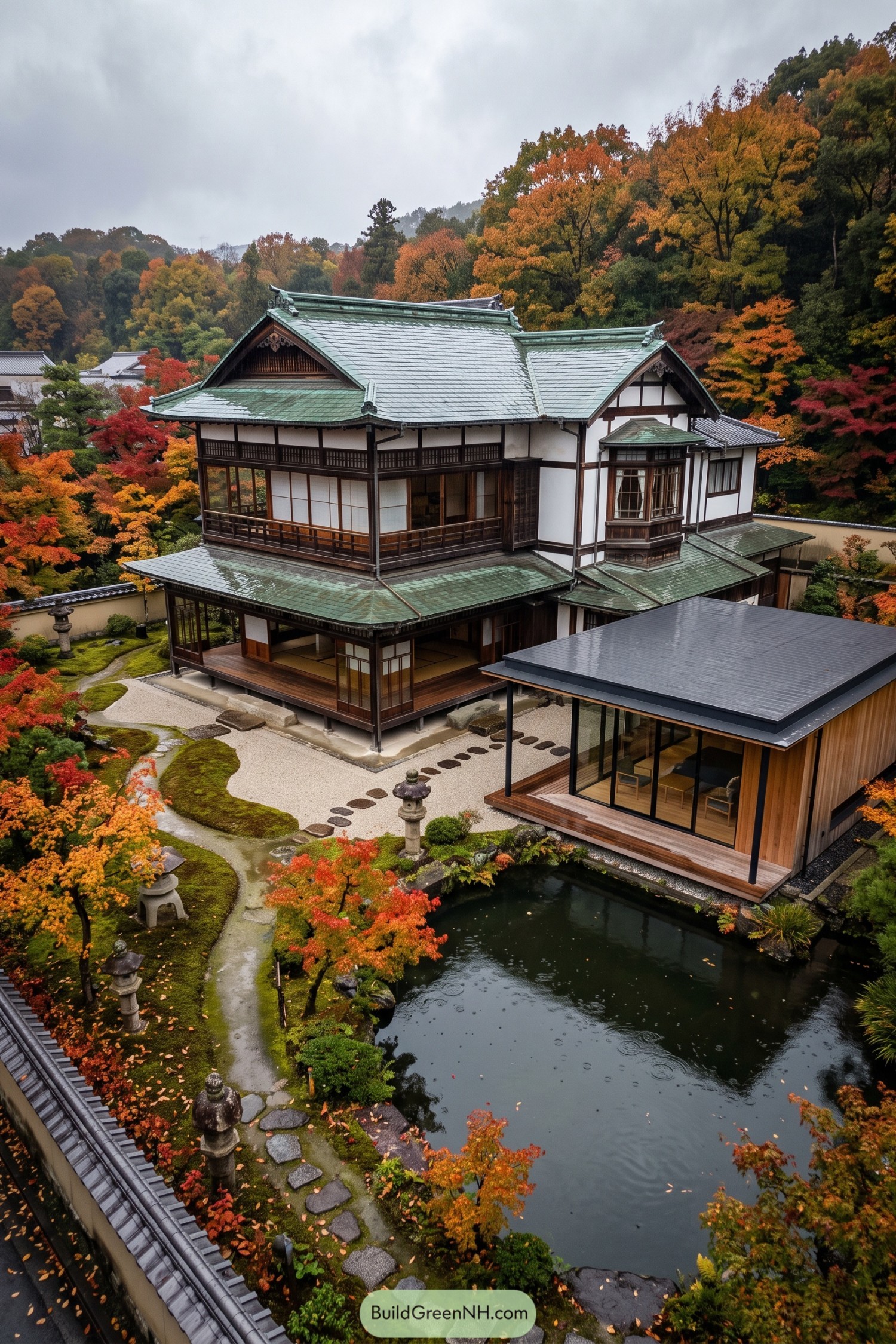 Traditional Japanese residence beside a sleek glass pavilion and autumn pond