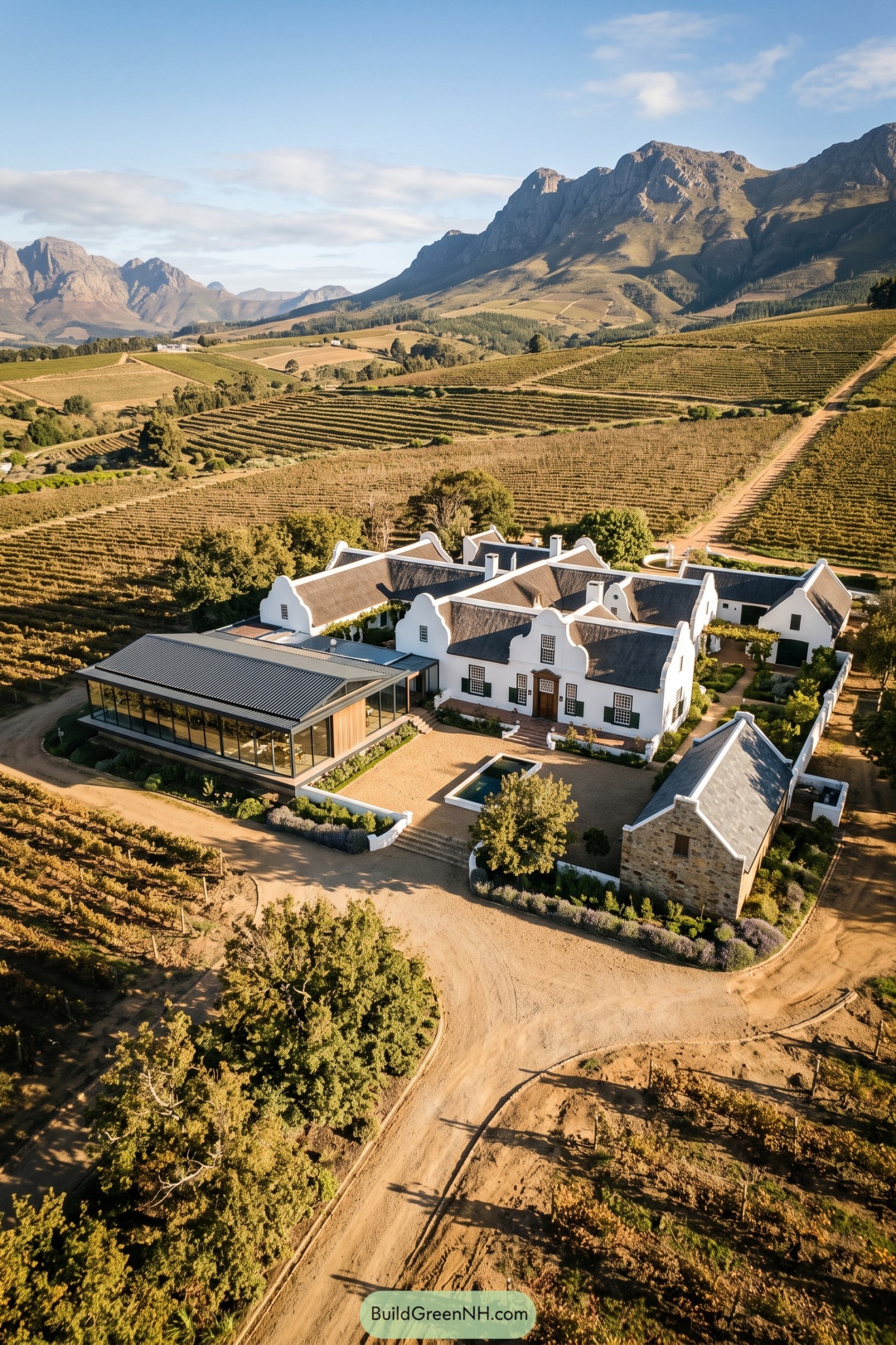 Cape Dutch estate with a modern glass pavilion amid vineyards and mountains