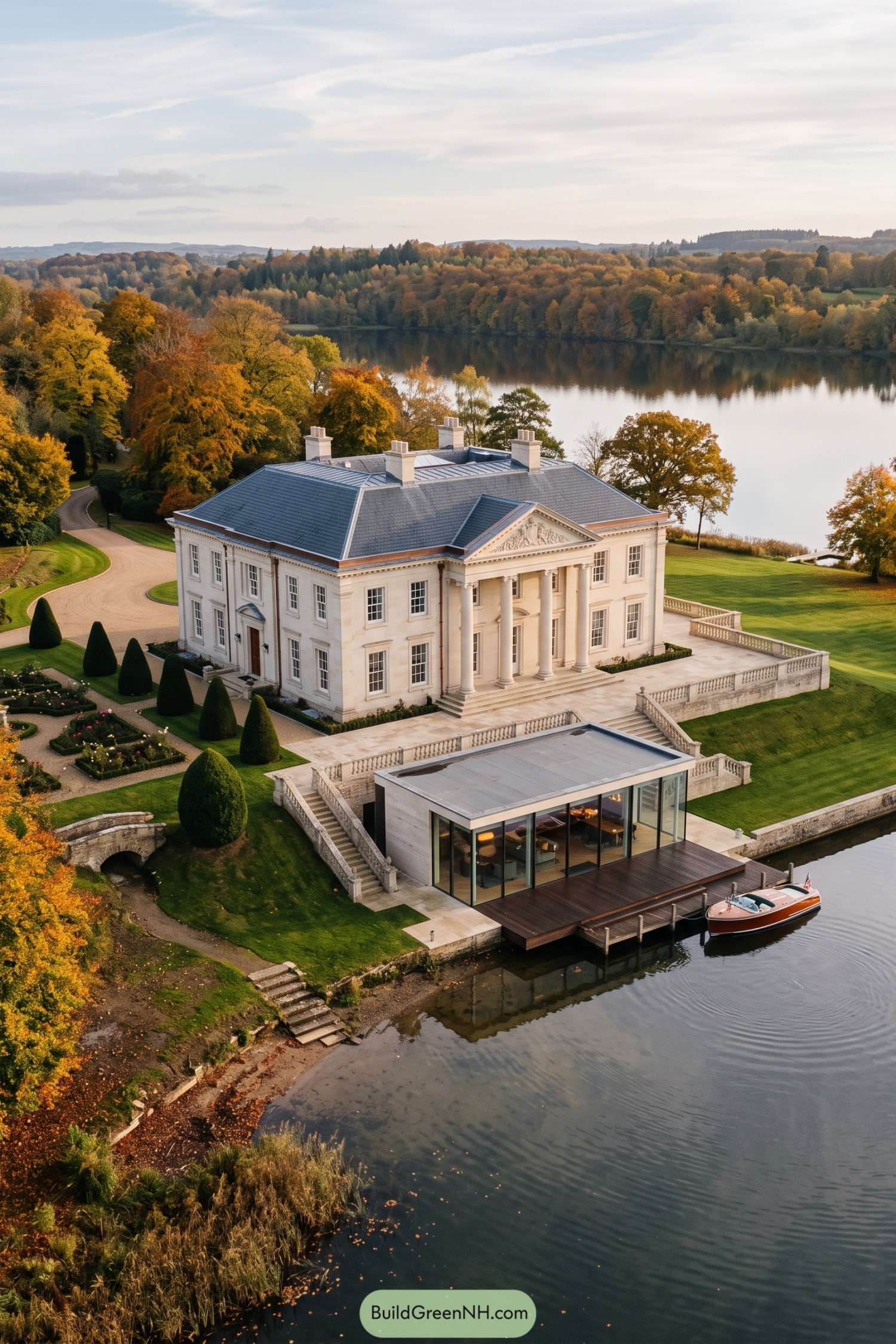 Neoclassical lakeside villa with a glass boathouse and dock