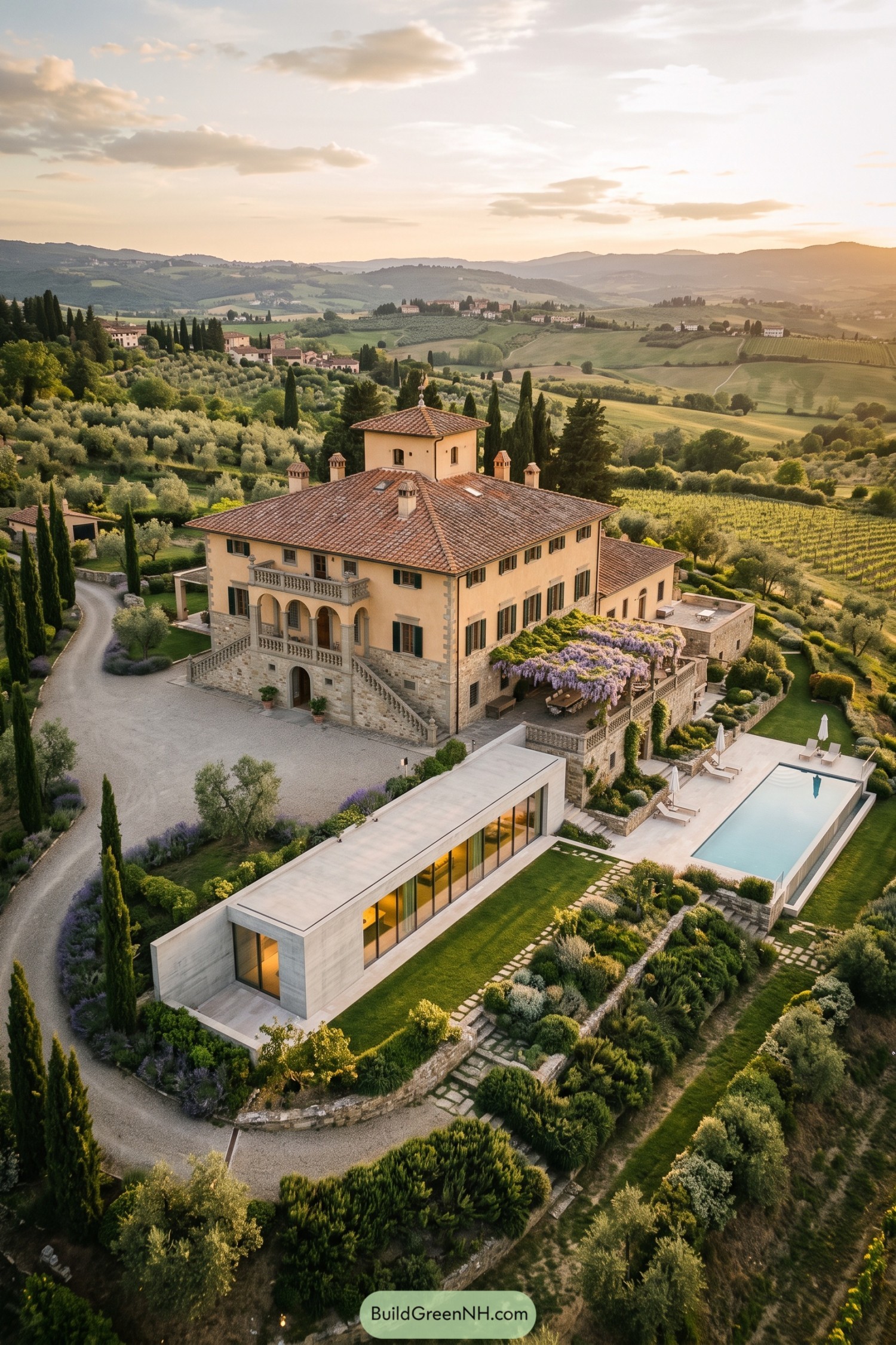 Historic Tuscan villa beside a modern glass gallery and pool