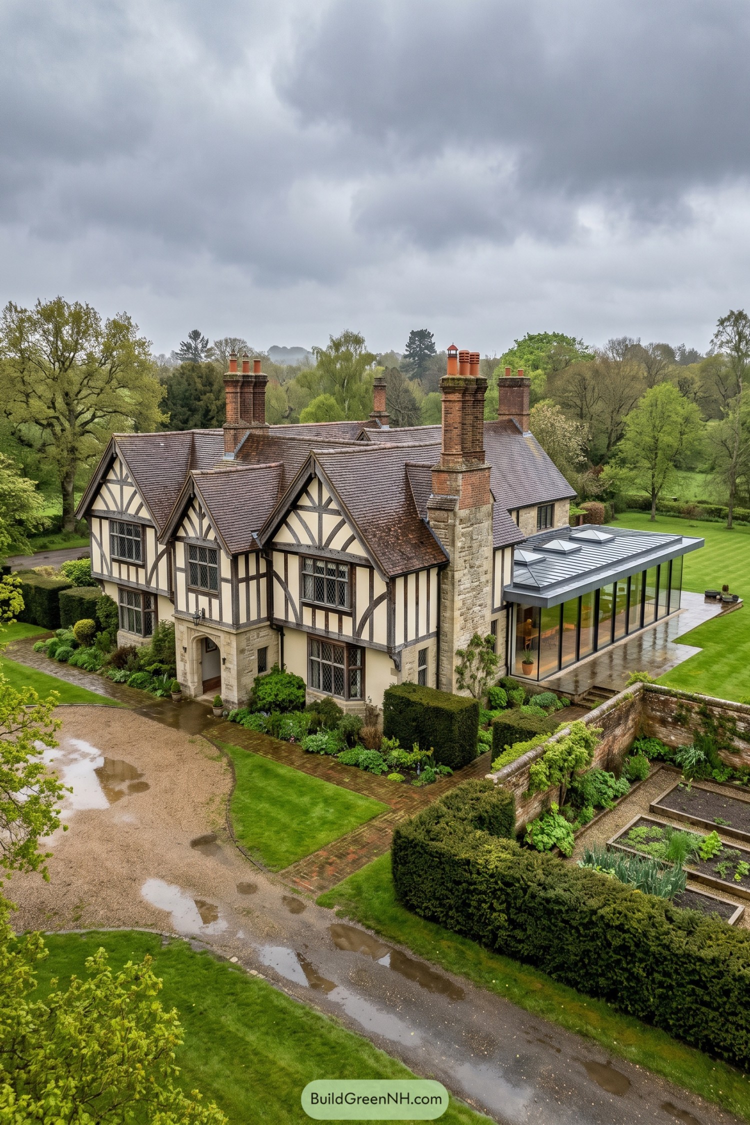Tudor revival house with a contemporary glass garden extension