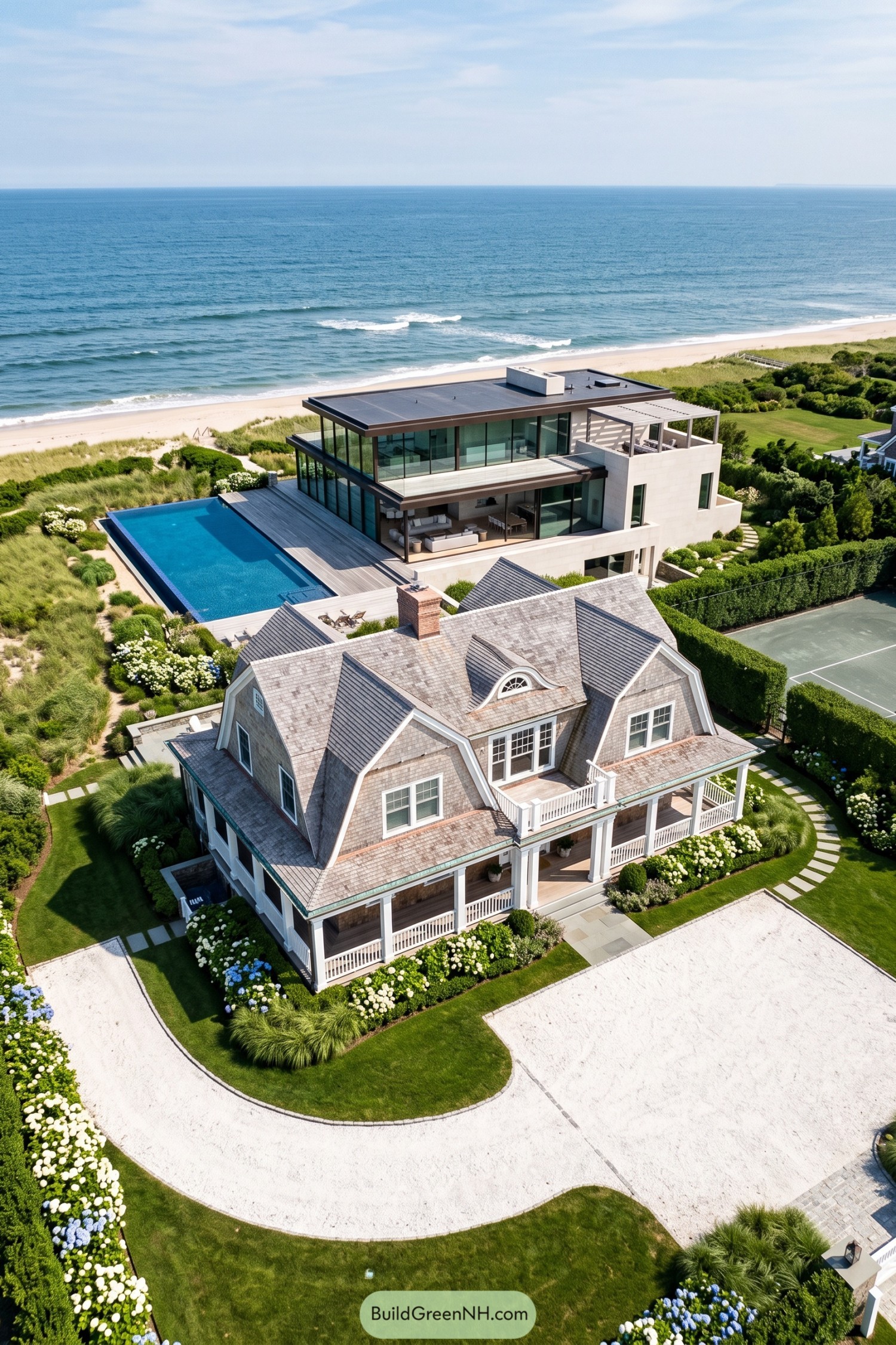 Traditional shingle cottage beside a glassy oceanfront villa and pool