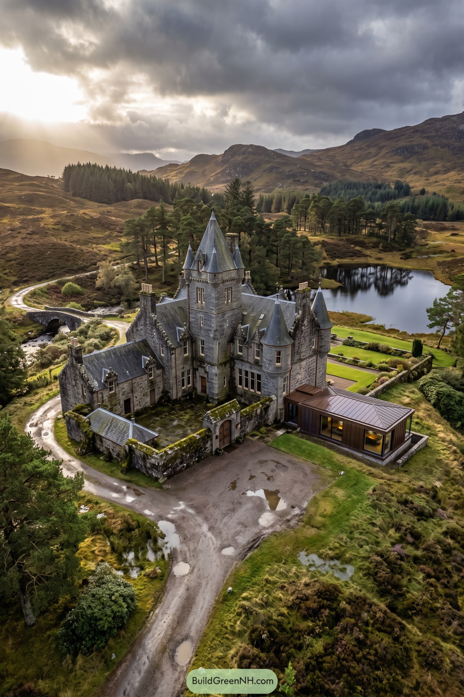 Stone castle with turrets beside a bronze modern pavilion