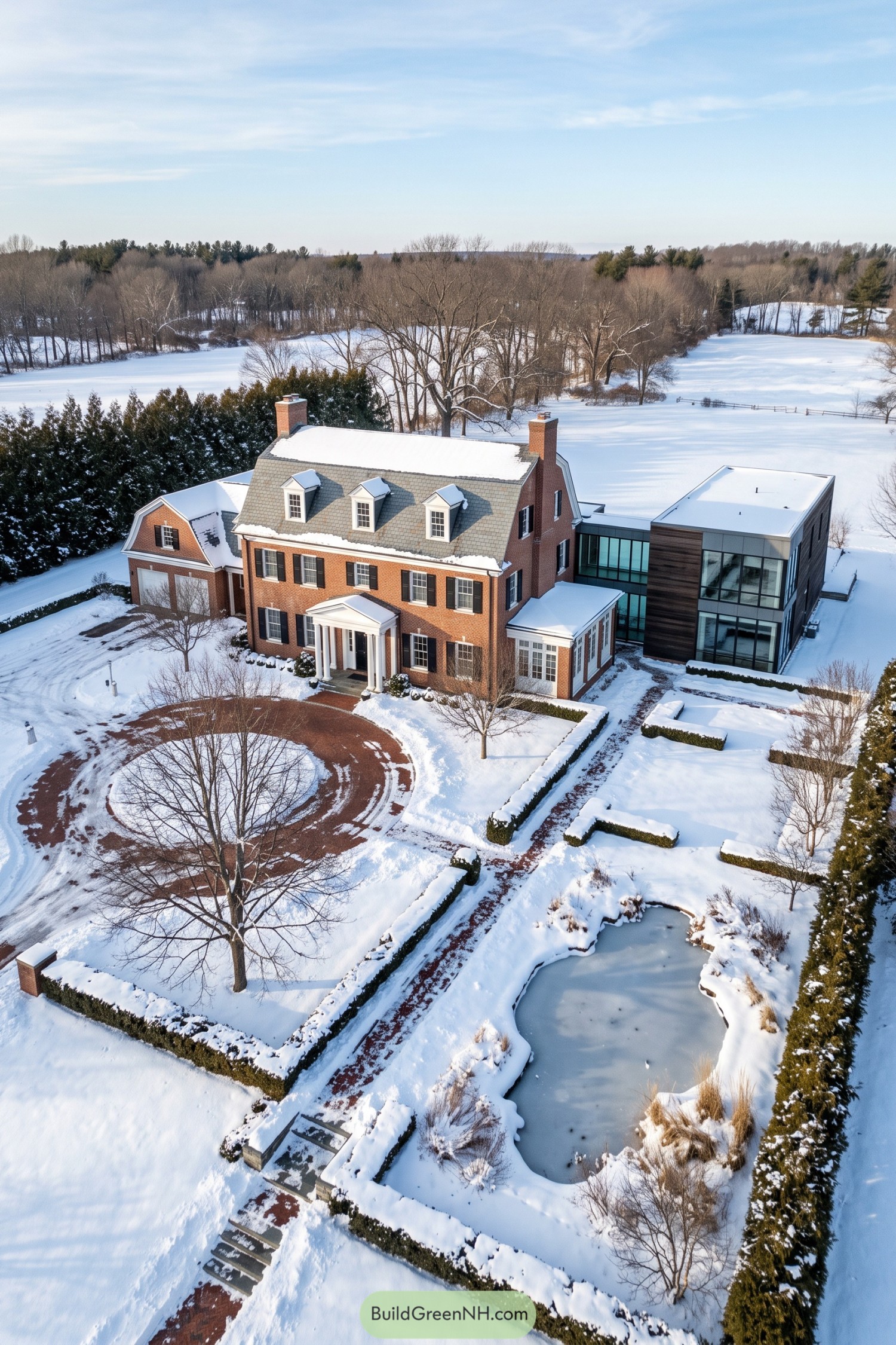 Snow-covered brick Federal home joined to a modern glass extension